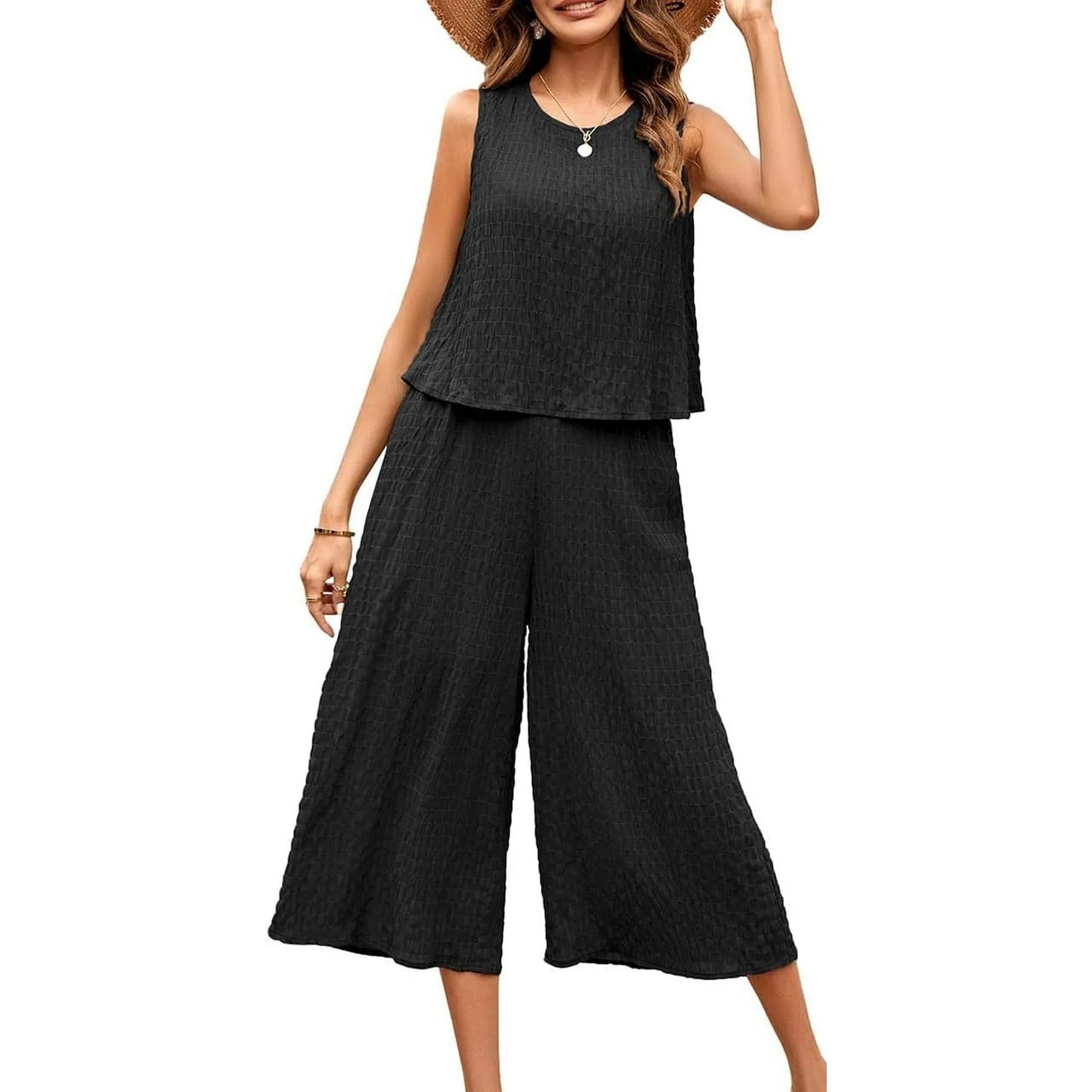 MLDRA Women's Capri Lounge Sets 2-Piece Beach Summer Vacation Travel Going Out Outfit Sleeveless Crop Tank Top Wide-Leg Dressy Palazzo Crop Pants Suit Black