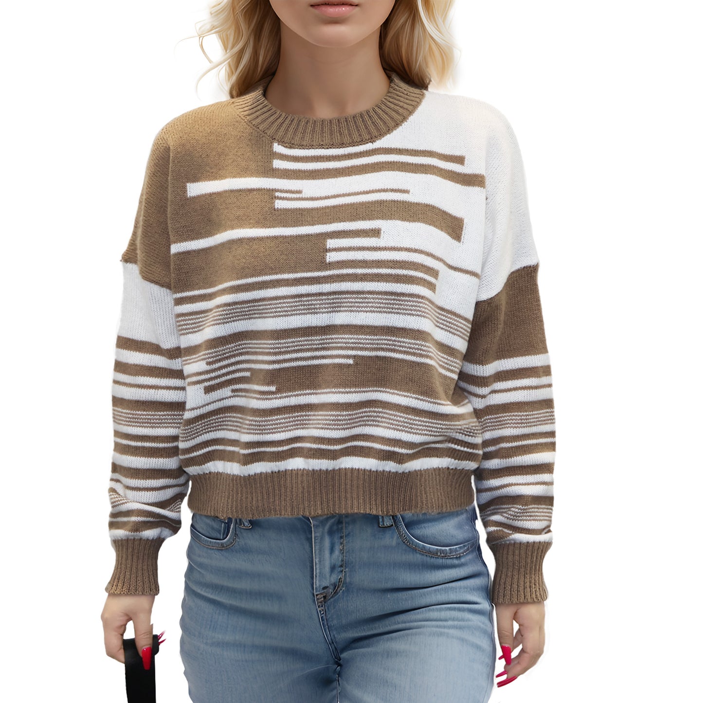 Womens Sweaters Pullover Crewneck Long Sleeve Knit Tops Casual Striped Color Block Shirts