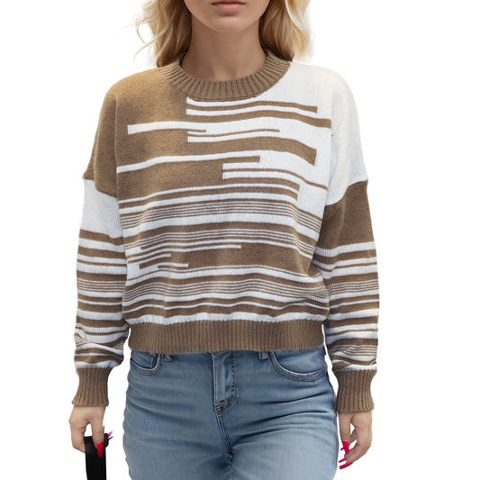 Womens Sweaters Pullover Crewneck Long Sleeve Knit Tops Casual Striped Color Block Shirts