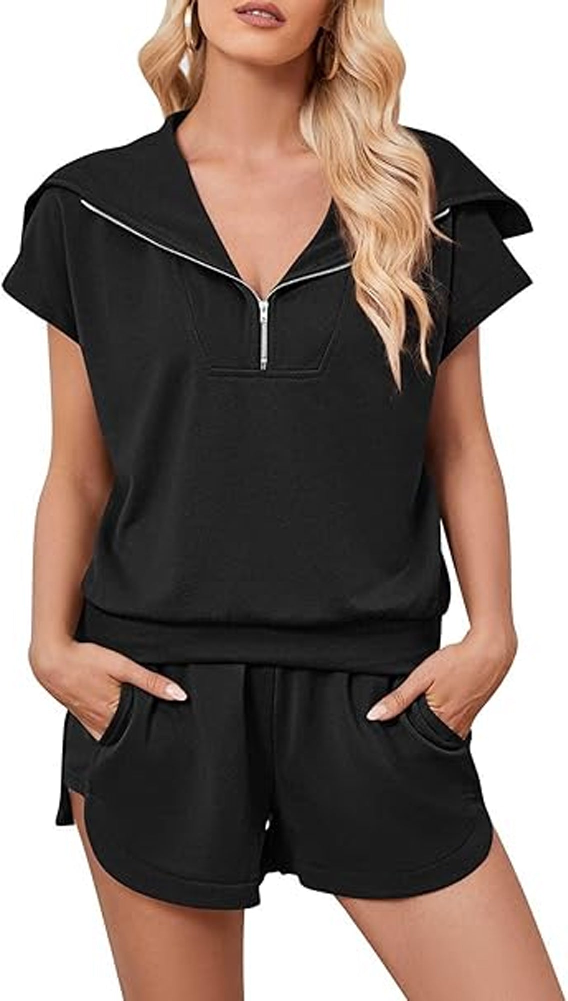 Women Two Piece Lounge Set Outfit Sweat Short Set Summer Sweatshirt Yoga Workout Short Sleeve V Neck Top Elastic High Waist Shorts Tracksuit Leisure Suit Black
