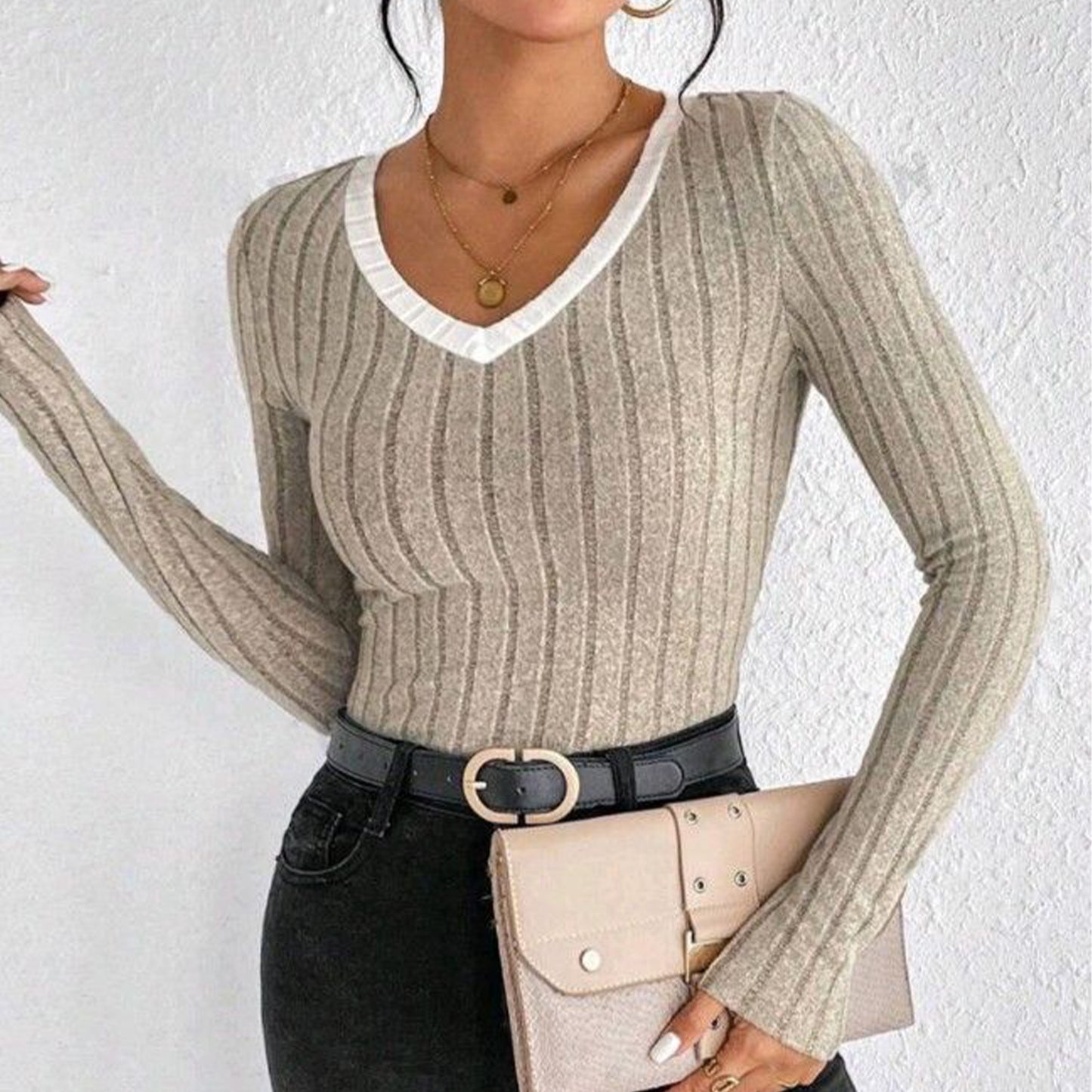Women's Sweater Casual V Neck Ribbed Knit Contrast Trim Long Sleeve Slim Fit Tee Shirts Tops