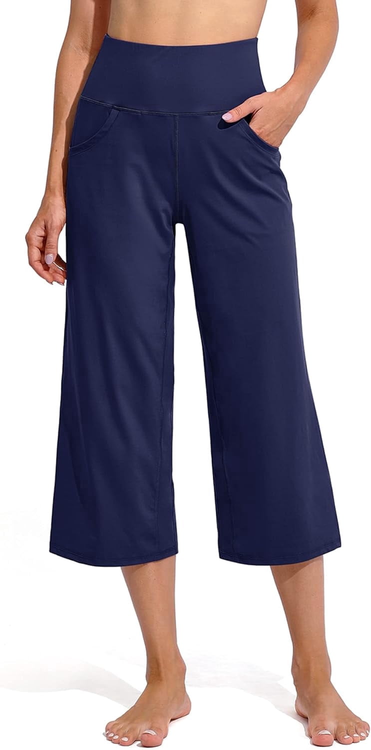 MLDRA Capri Wide Leg Pants for Women Yoga Pants Flare Petite with Pockets High Waist Lightweight Leggings Sweatpants for Summer