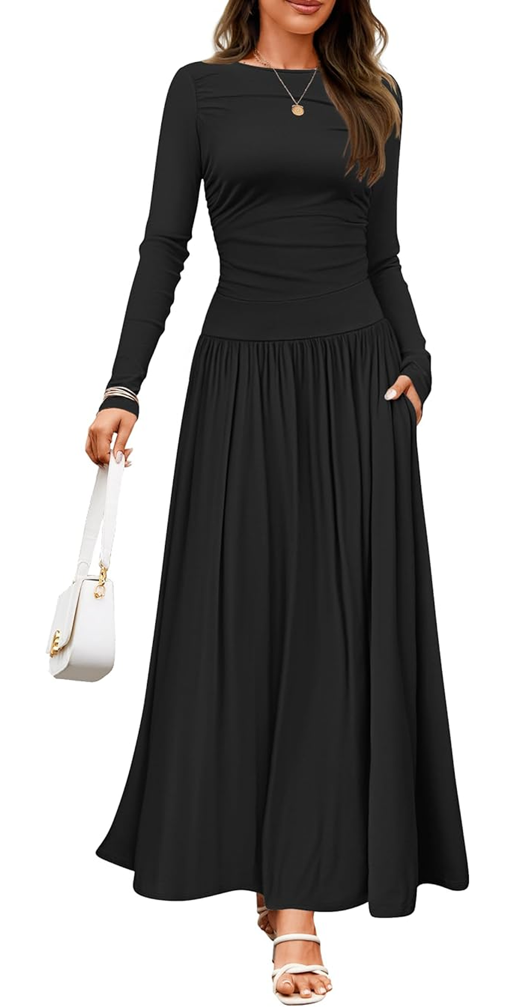 MLDRA Maxi Dress, Fashion Fall Winter Cotton Black Dresses for Women 2025 with Pockets for Funeral Party Wedding, Trendy Casual Long Sleeve Dress for Women Round Neck