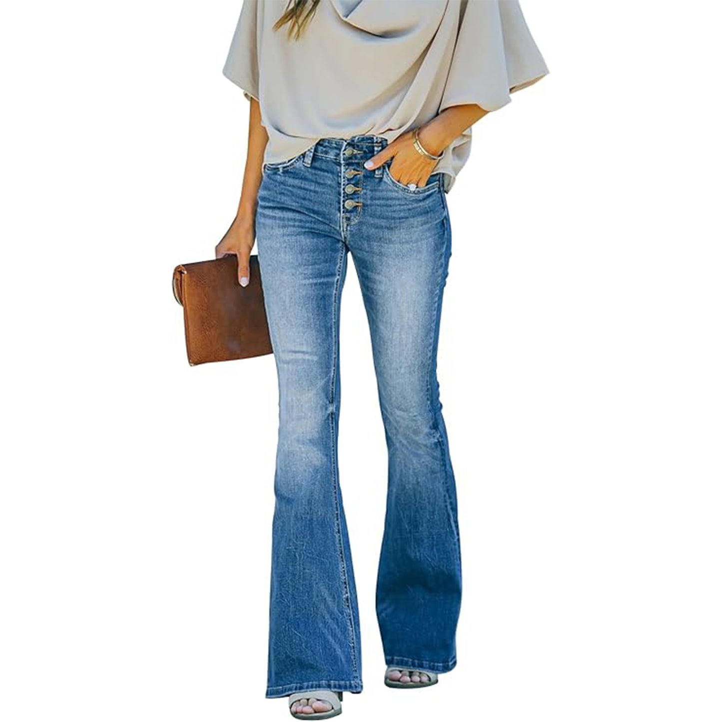 MLDRA Womens Jeans Flare Bell Bottom High Waist Bootcut Button Fly Slim Vintage Trousers Denim Pants