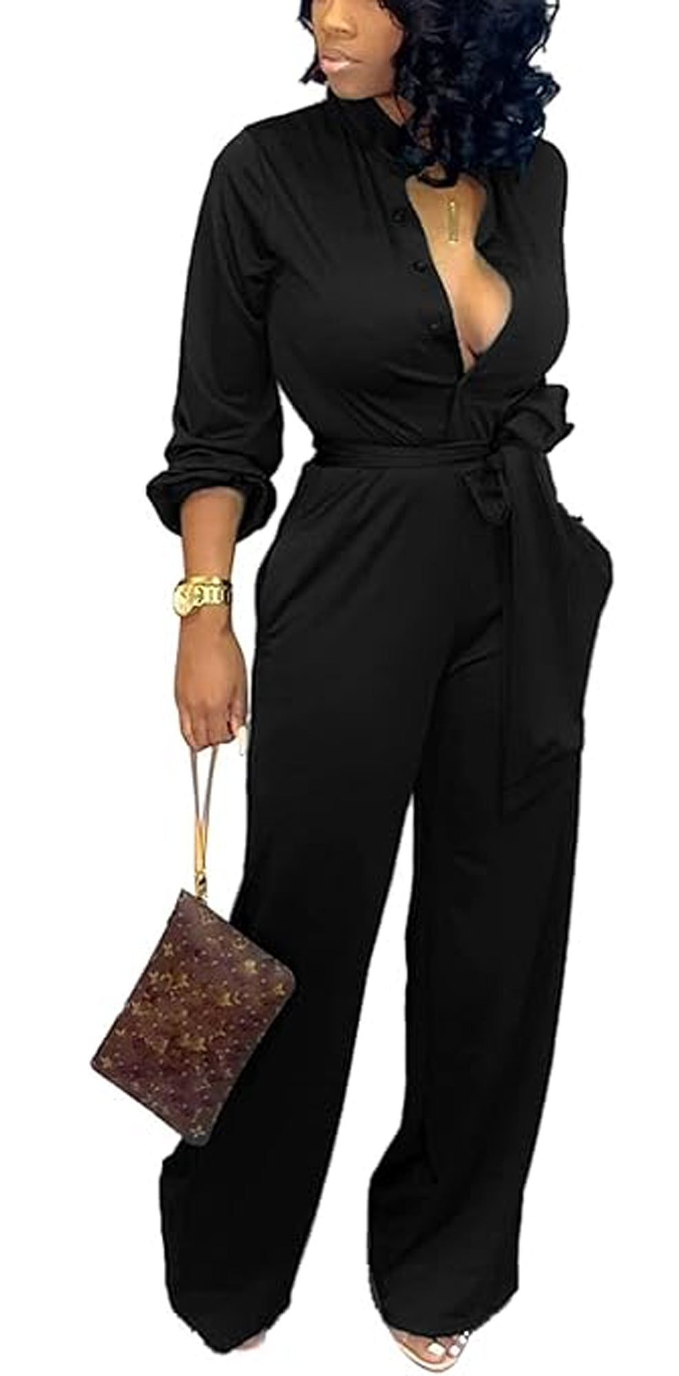 MLDRA Women's Formal Jumpsuits Elegant V Neck Long Sleeve One Piece Wide Leg Romper with Belt & Pockets for Work Office Party Black