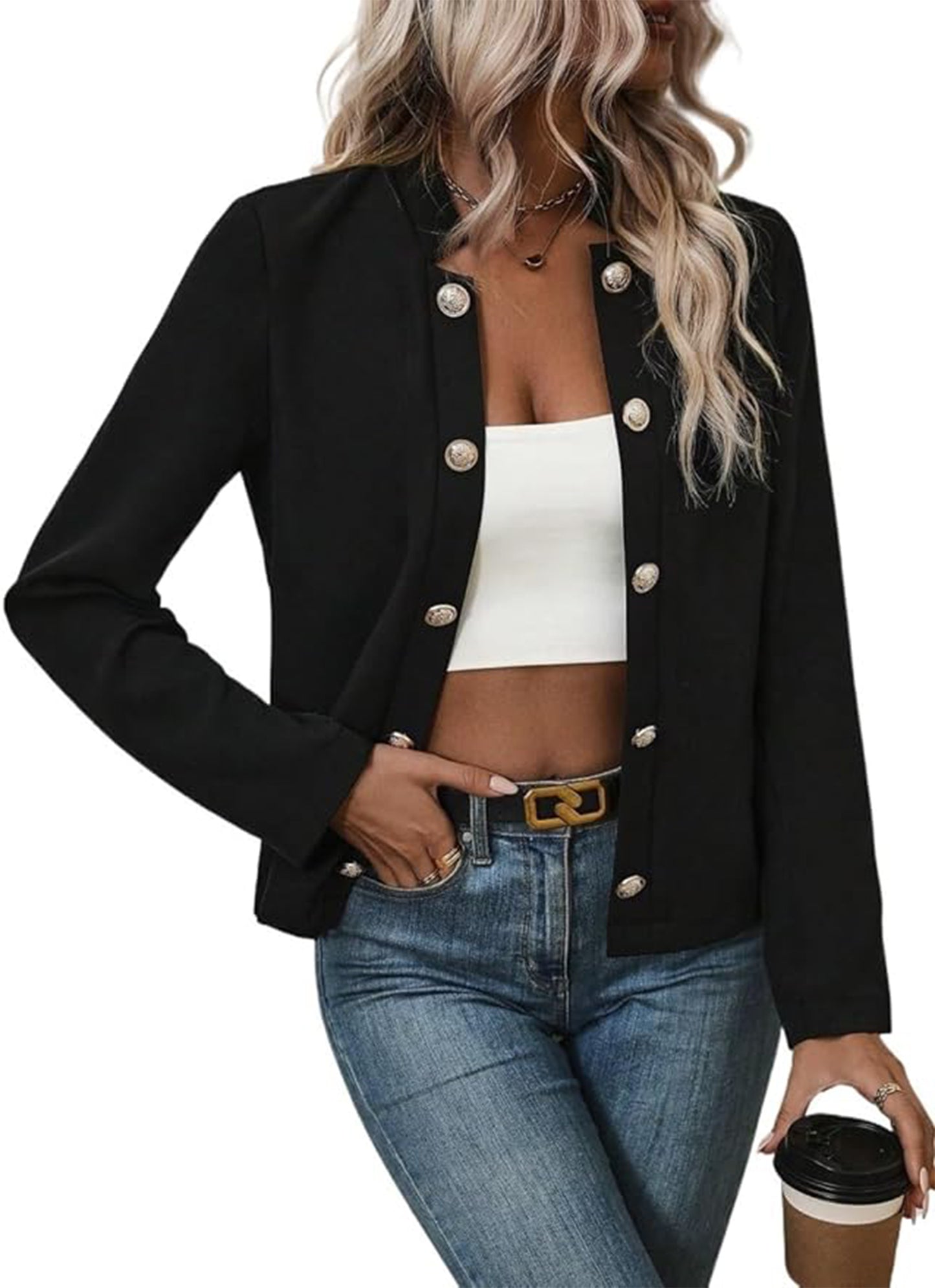 Women's Jacket Fall Fashion Open Front Blazer Lightweight Solid Color Long Sleeve Button Jacket Shirts for Business Trendy Casual Tops (Black)