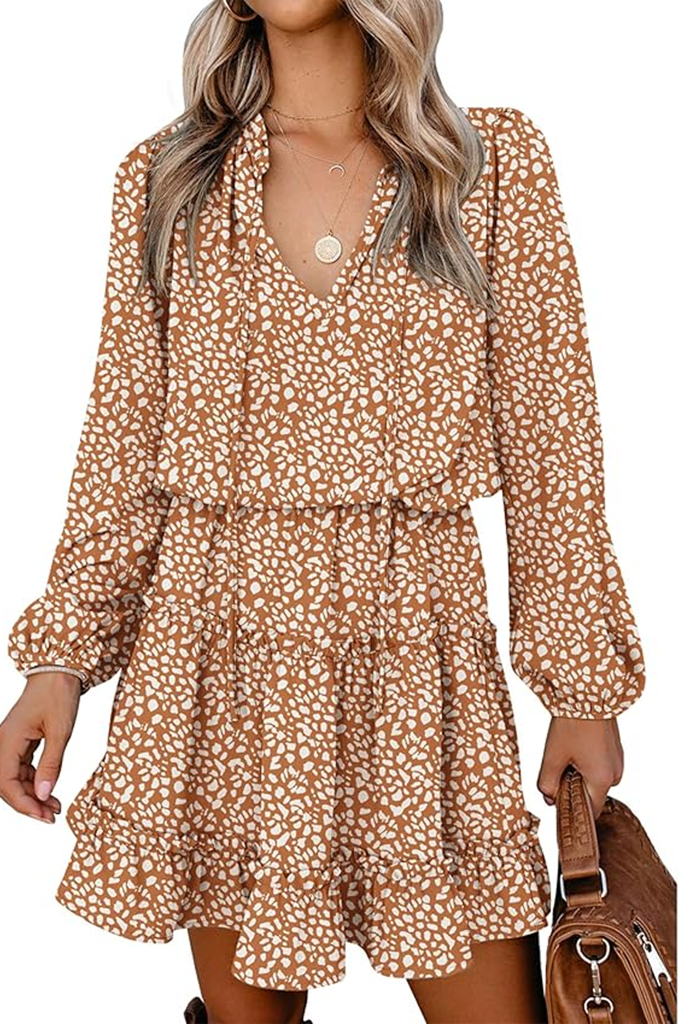 MLDRA Fall Dresses for Women Long Sleeve Dress for Women Mini Casual Elegant Classy V Neck Ruffle Boho Flowy Tiered 2025 Winter