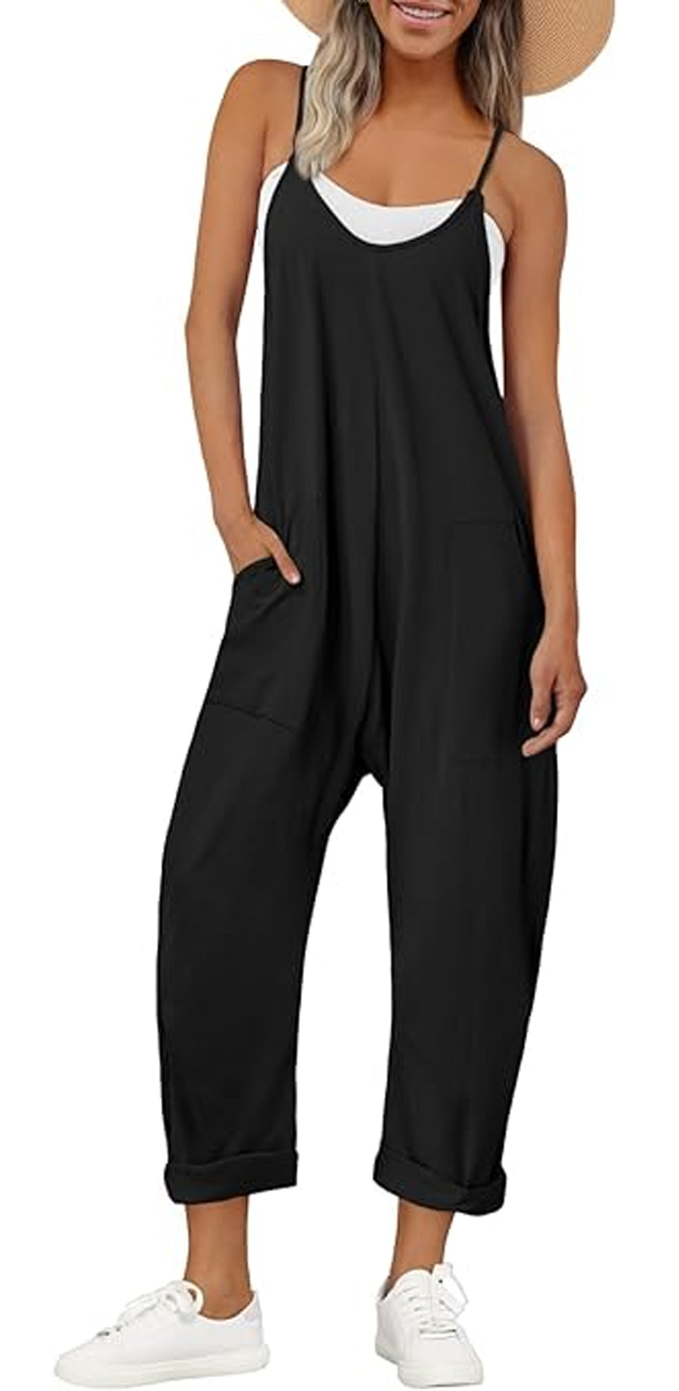 MLDRA Women’s Jumpsuits Spaghetti Strap Loose Fit Rompers with Pockets Sleeveless Overalls Onesie Jumpers for Vacation Beach Lounge Black Summer