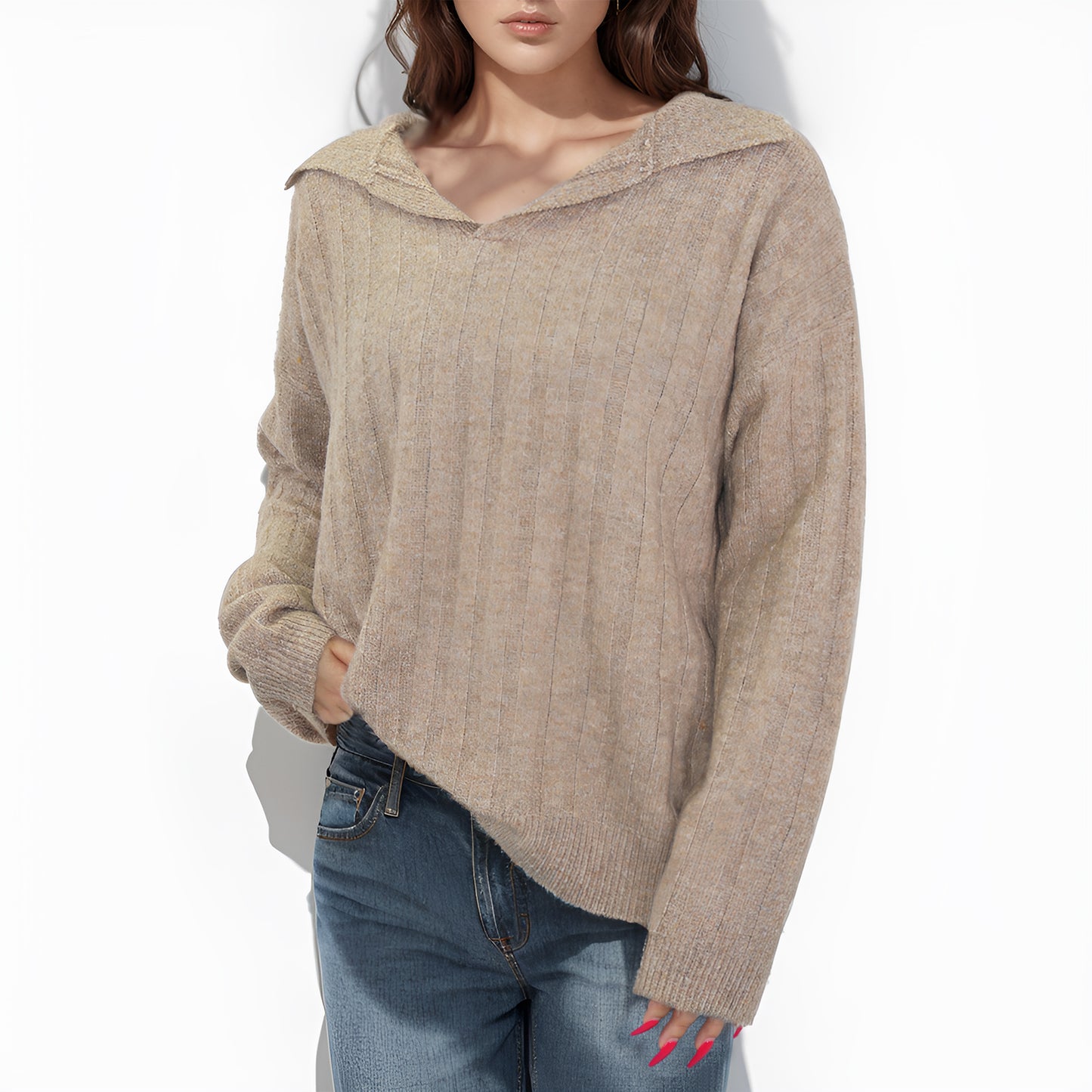 Womens pullover Sweaters Long Sleeve polo V Neck collar Lightweight Fall Soft Knitwear Casual Outerwear