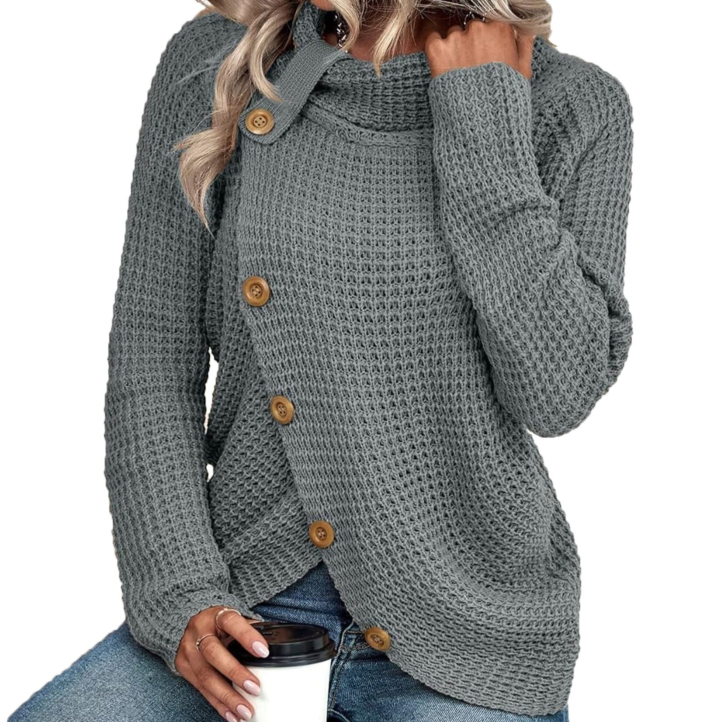 Womens Sweater Knit Waffle Slant Button Up Cowl Neck Irregular Hem Chunky Pullover Knitwear Tops