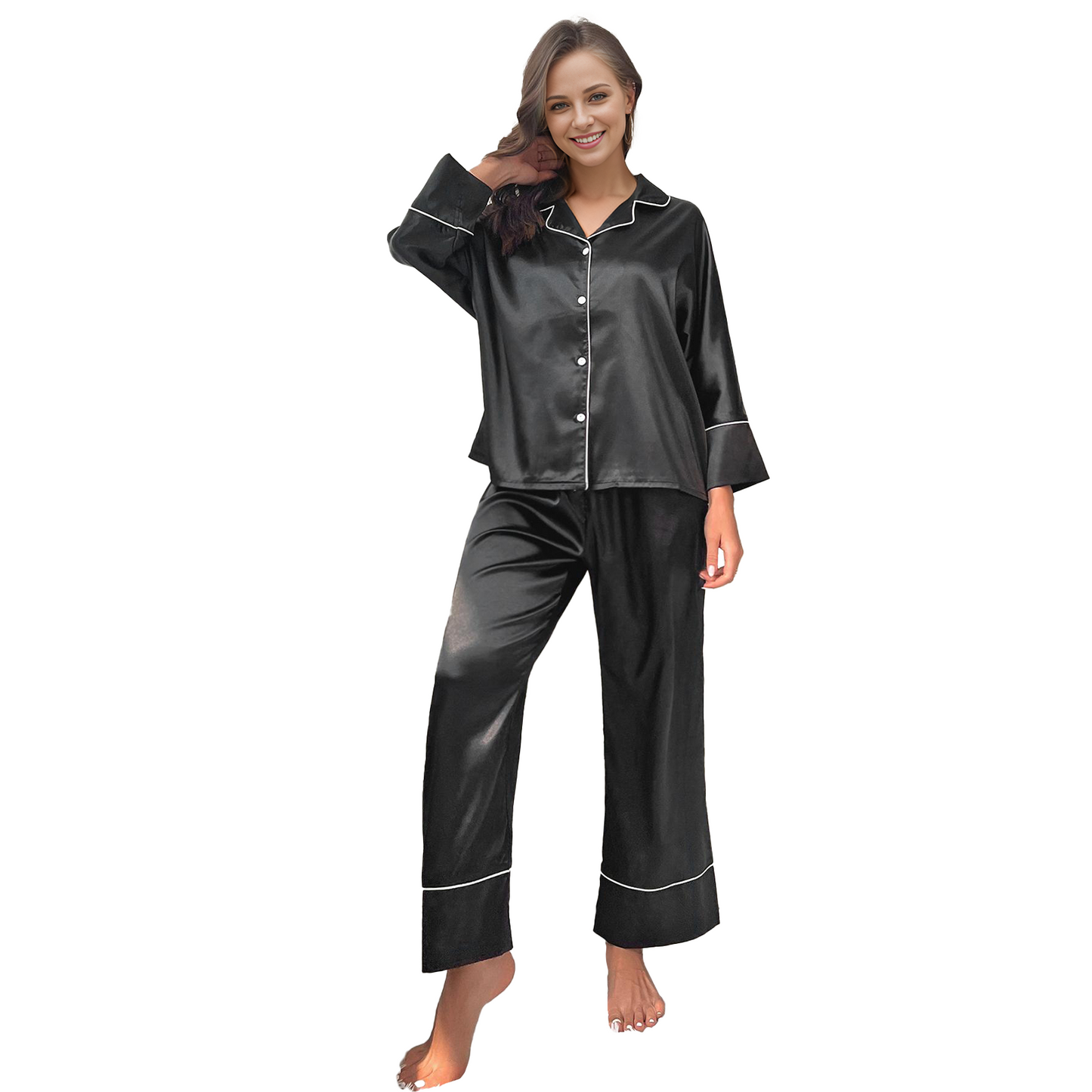 MLDRA Womens Pajamas Sets Satin Pjs Short Sleeve V Neck Silk Top with Long Pants Lounge Sleepwear