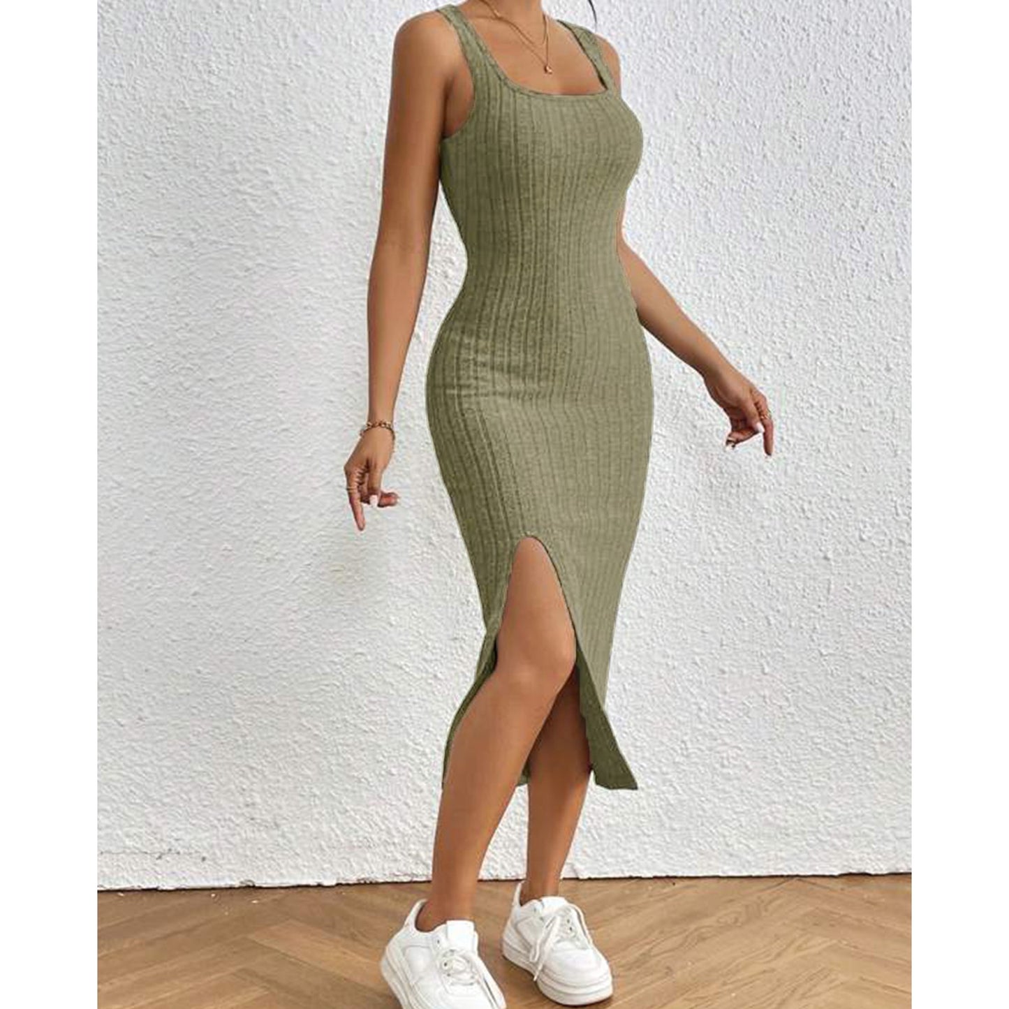 MLDRA Ribbed Dresses for Women's Scoop Neck Sleeveless Sexy Knit Midi Tank Dress with Slit