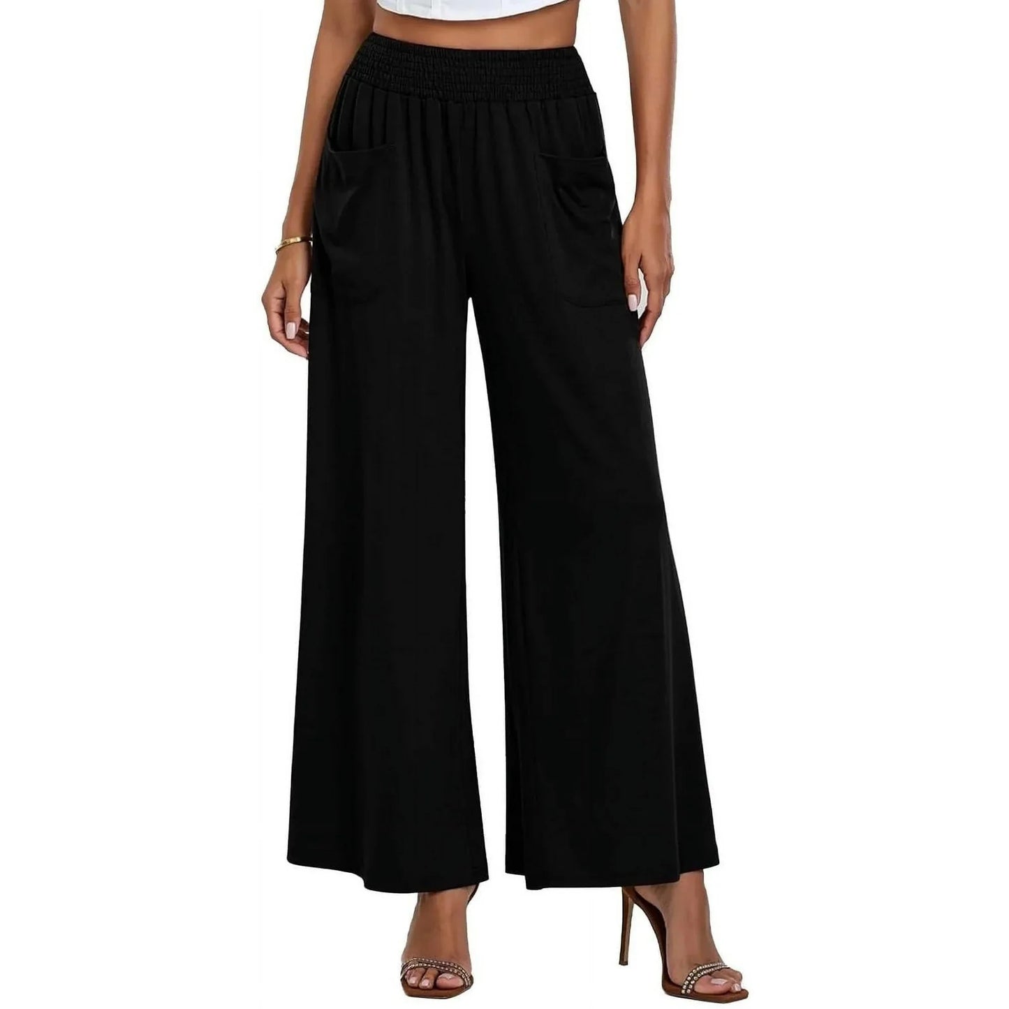 Women's Wide Leg Pants with Pockets Loose Palazzo Pants for Women Elastic Waist Dressy Casual Flowy Pants