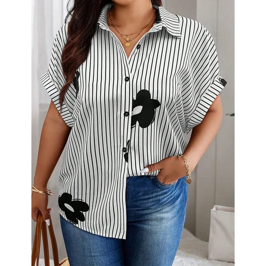 SOMER Plus Size Tops For Women Short Sleeve Button Down Shirt Casual Vertical Stripe Blouse