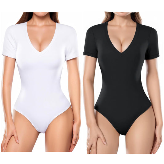 2 Pack Body Suit Tummy Control Bodysuit Deep V Neck Short Sleeve Tops Black Bodysuits for Women (Black+White)
