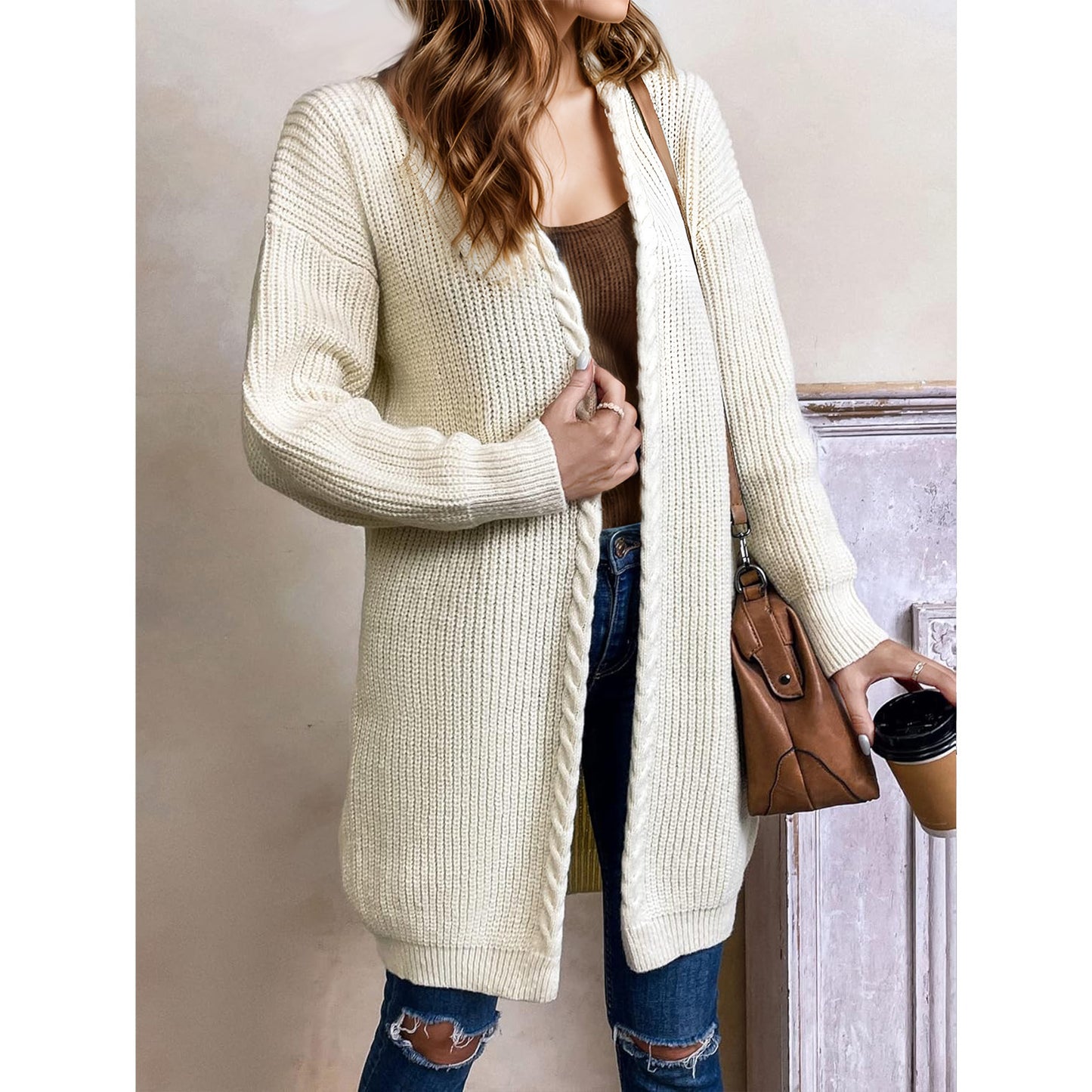 Womens Long Cardigan Sweaters Open Front White Chunky Cable Knit Duster Drop Shoulder Comfy Cardigan