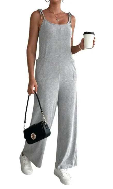 Women's Sleeveless Jumpsuits Loose Casual Overalls Rompers Adjustable Spaghetti Straps Long Pants with Pockets