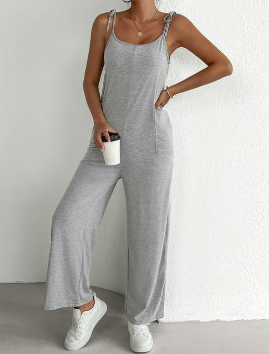 Women's Sleeveless Jumpsuits Loose Casual Overalls Rompers Adjustable Spaghetti Straps Long Pants with Pockets