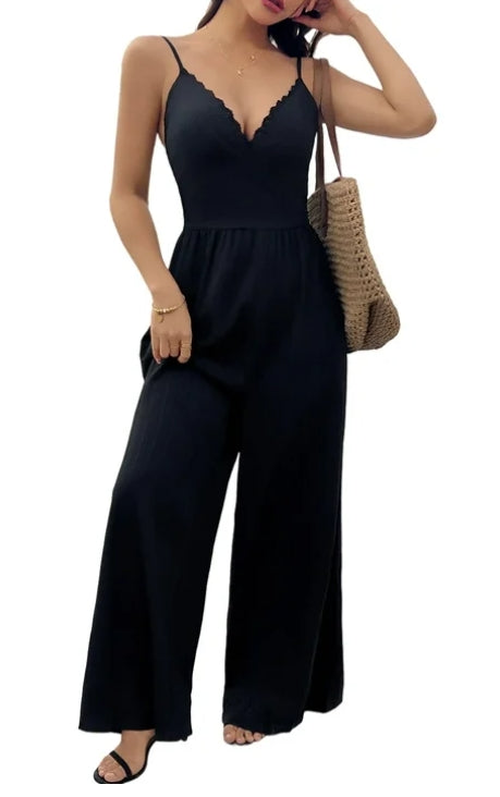 Women's Jumpsuit V Neck Sleeveless Rompers Lace Trim Overalls Wide Leg Cami Set
