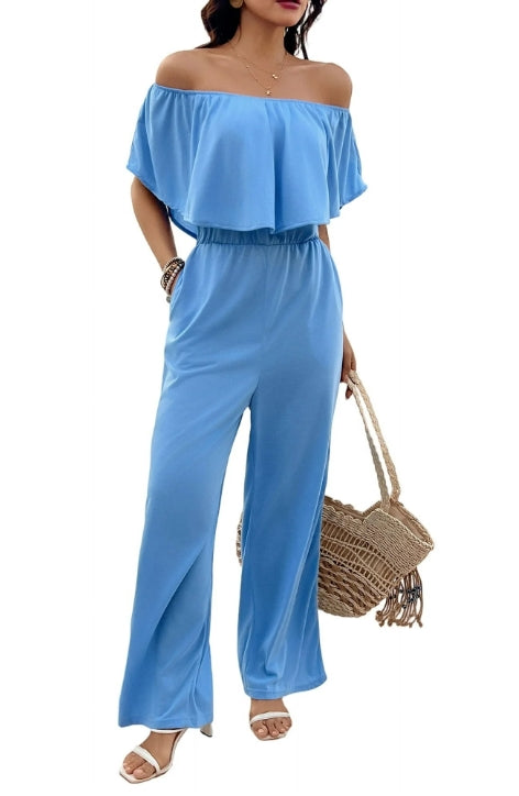 Women’s Overalls Casual Jumpsuit Off Shoulder with Ruffle Sleeves, Wide Leg Romper with Drawstring Waist and Pockets for Summer