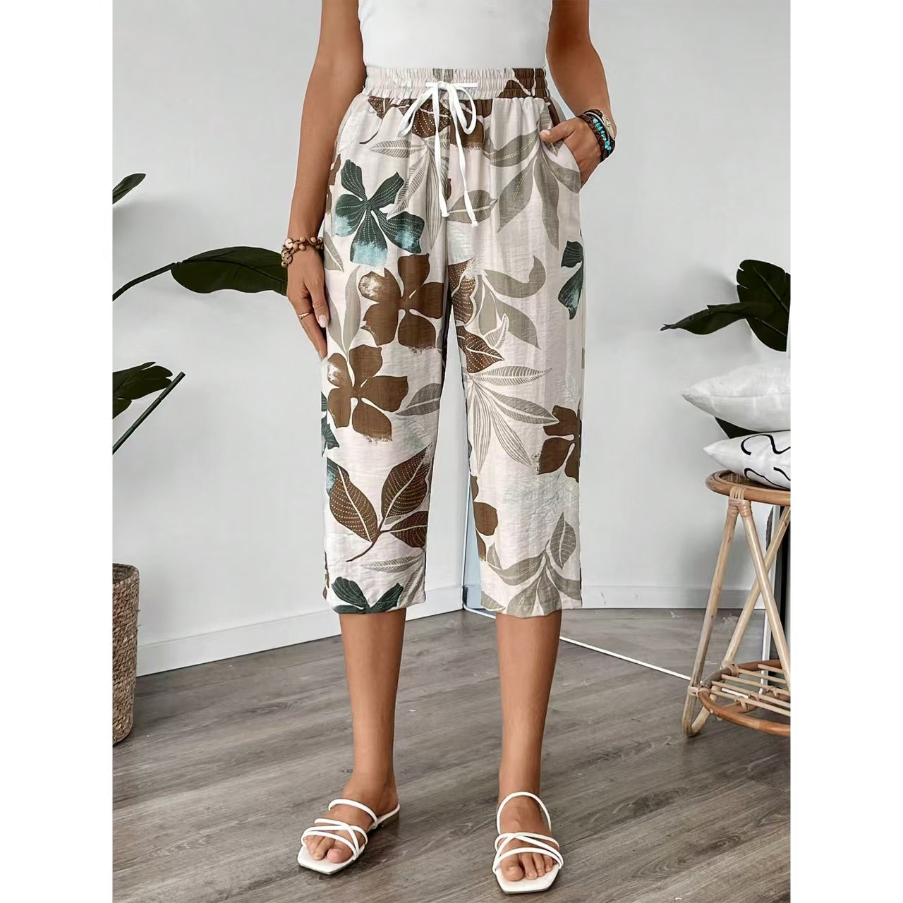 MLDRA Womens Capri Pants Loose High Waisted Wide Leg Lounge Pants Drawstring Casual Palazzo Trousers with Pockets