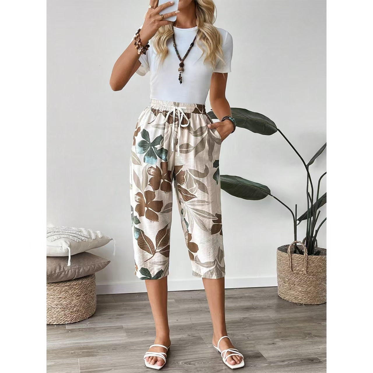 MLDRA Womens Capri Pants Loose High Waisted Wide Leg Lounge Pants Drawstring Casual Palazzo Trousers with Pockets