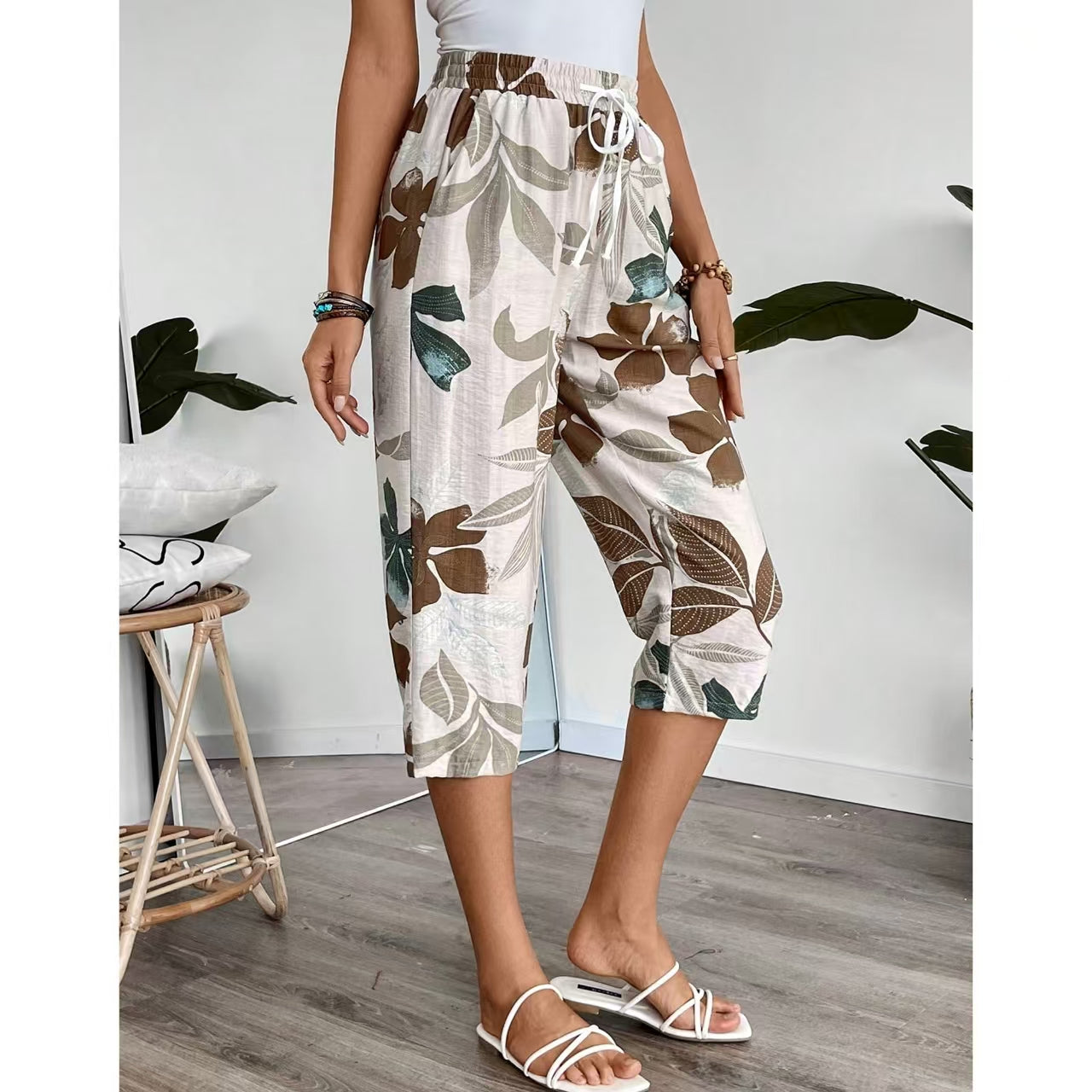 MLDRA Womens Capri Pants Loose High Waisted Wide Leg Lounge Pants Drawstring Casual Palazzo Trousers with Pockets