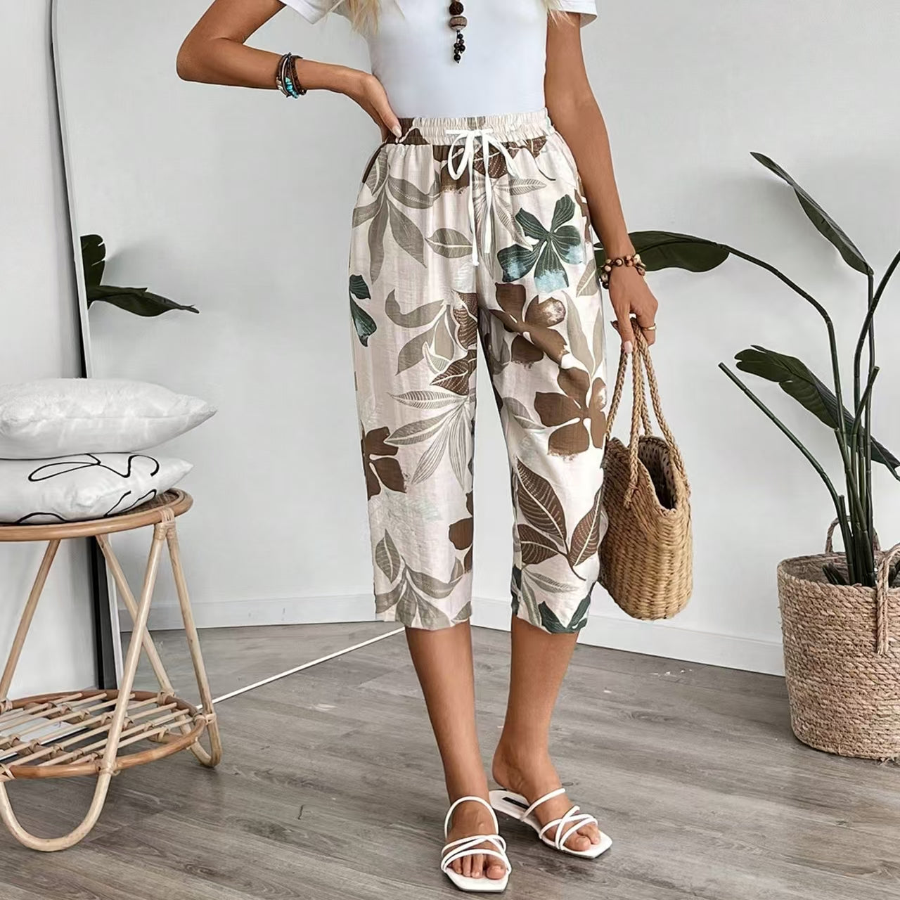 MLDRA Womens Capri Pants Loose High Waisted Wide Leg Lounge Pants Drawstring Casual Palazzo Trousers with Pockets