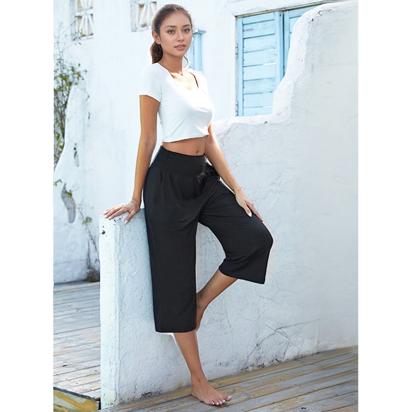 Women's Capri Yoga Pants Wide Leg Yoga Pants High Waisted Side Slit Joggers Casual Loose Lounge Sweatpants with Pockets
