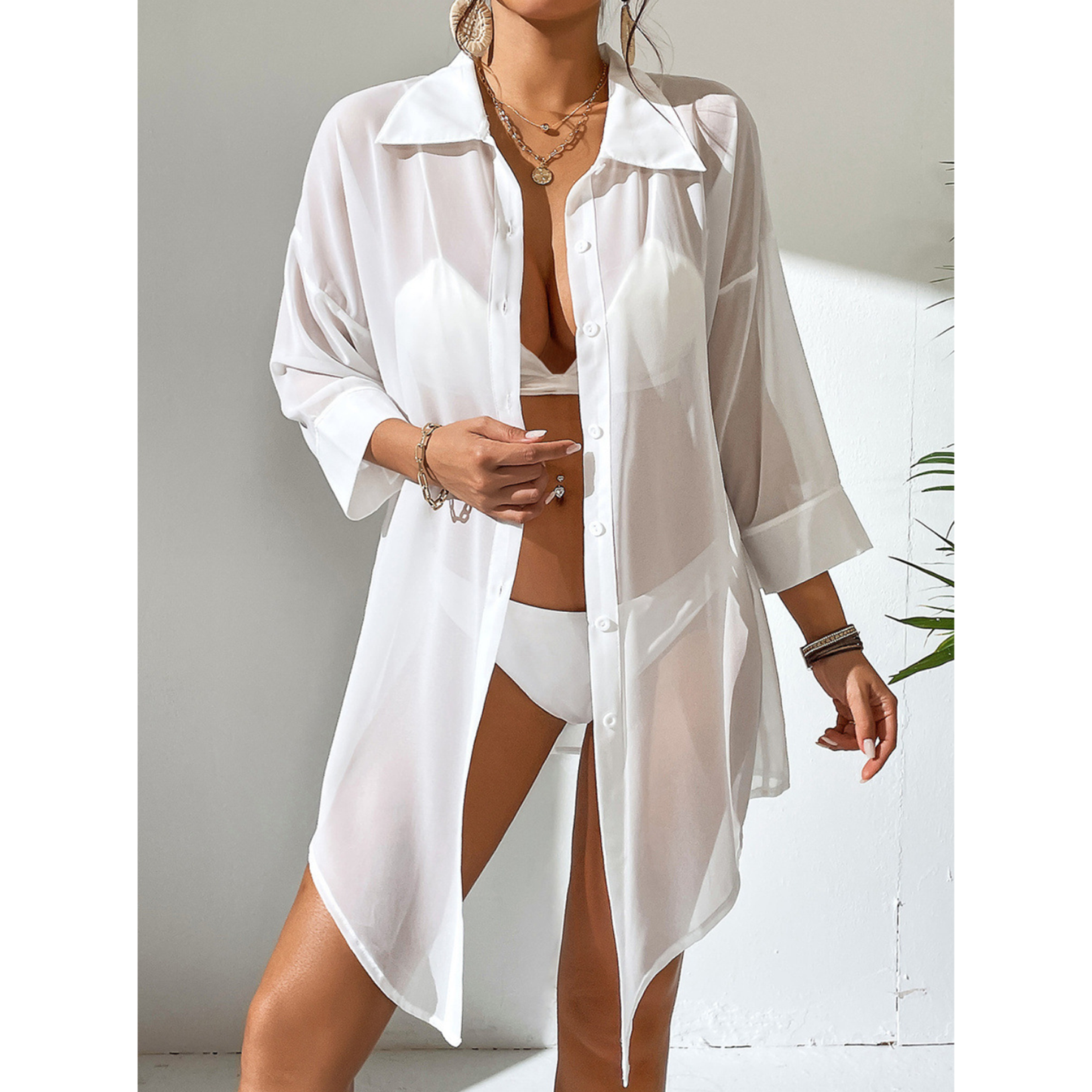 MLDRA Swimsuit Coverup for Women Bikini Bathing Suit Beach Cover Up Loose V-Neck Swimwear Button Down Shirt Dress