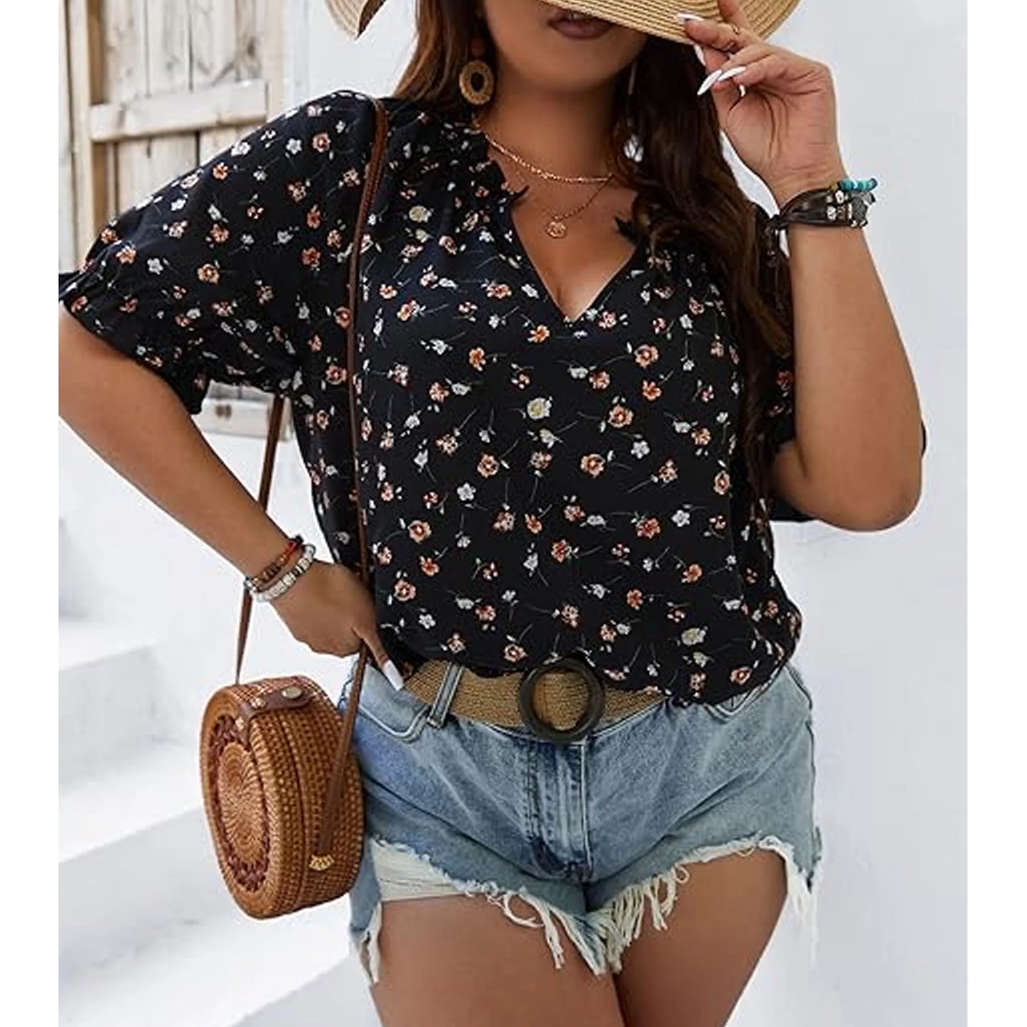 2025 Women's Plus Size Top Flower Printed V Neck Short Sleeve Casual Plus Size Tops for Women