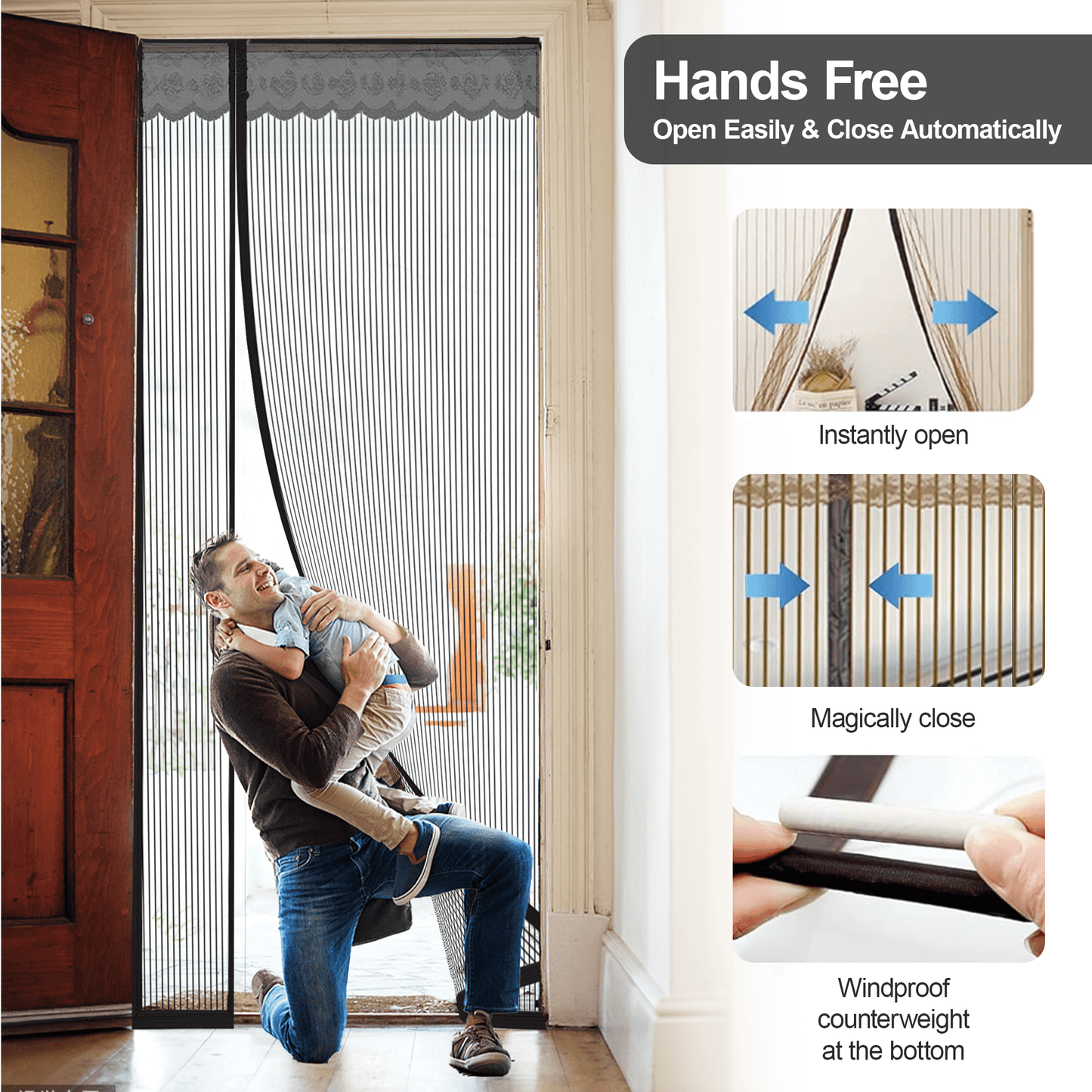 Magnetic Screen Door for Home, Auto-Close Heavy Duty Mesh Curtain, Bug Proof & Pet Friendly Design, Easy-Install Hands Free Entry, 35.4" x 82.7", Black