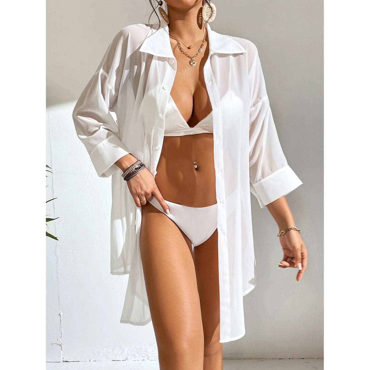 MLDRA Swimsuit Coverup for Women Bikini Bathing Suit Beach Cover Up Loose V-Neck Swimwear Button Down Shirt Dress