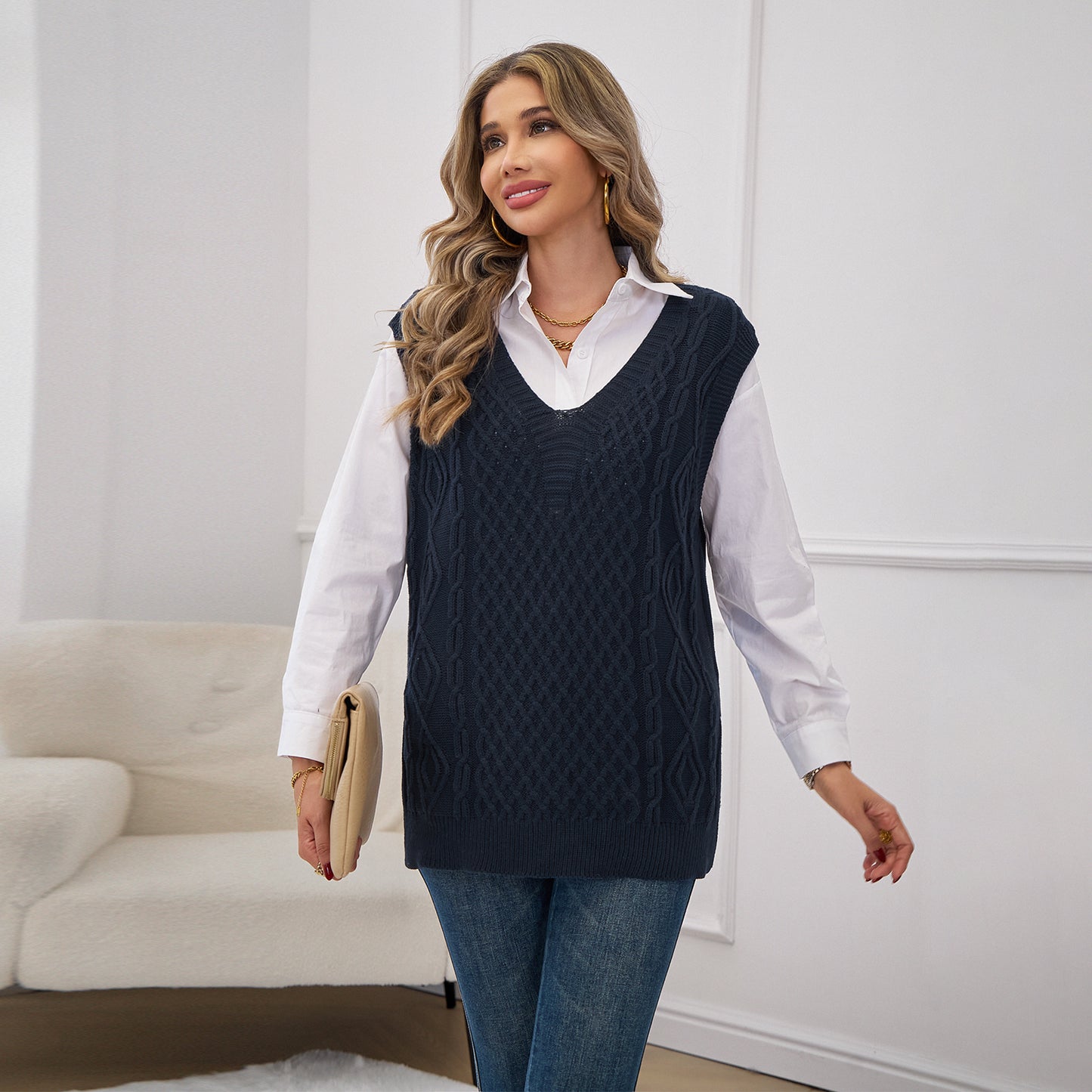 MLDRA Womens Sweater Vest Knitted V Neck Sleeveless Pullover Knitwear Waistcoat Vintage Solid Top