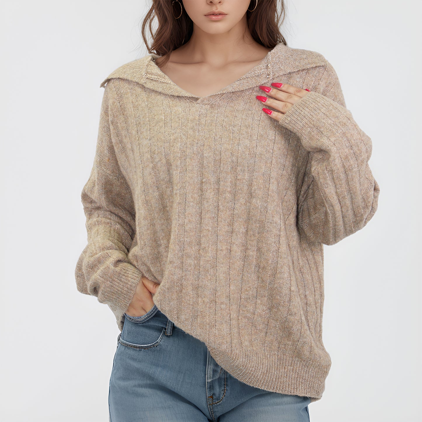 Womens pullover Sweaters Long Sleeve polo V Neck collar Lightweight Fall Soft Knitwear Casual Outerwear