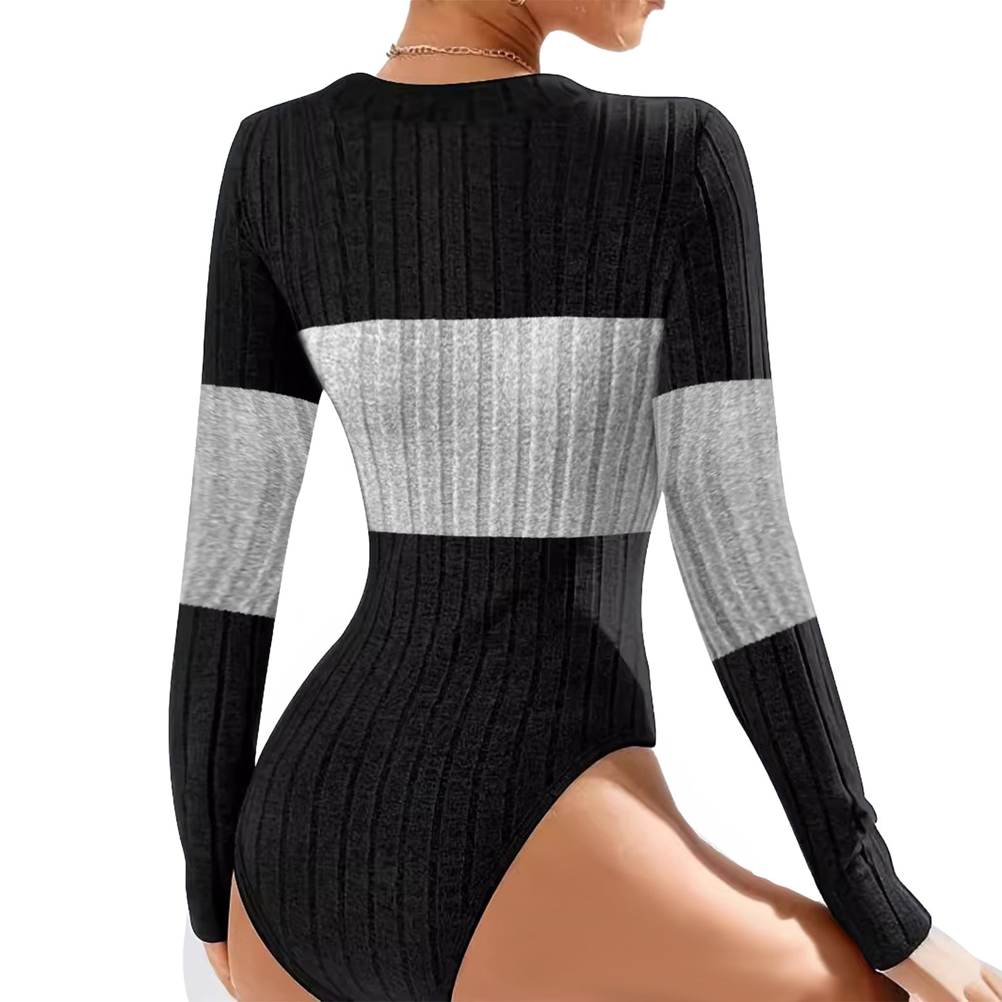 Womens Bodysuit Tummy Control Body Suit Long Sleeve Crew Neck Ribbed Color Block Shirt Tops Black Grey