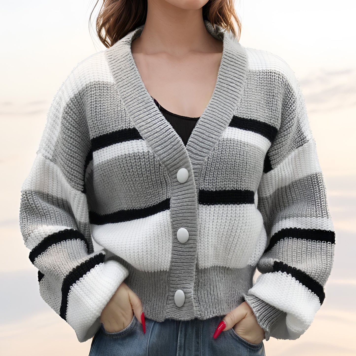 MLDRA Women's Fall Long Sleeve Knitwear Open Front V Neck Button Down Striped Cardigan Sweater Coat