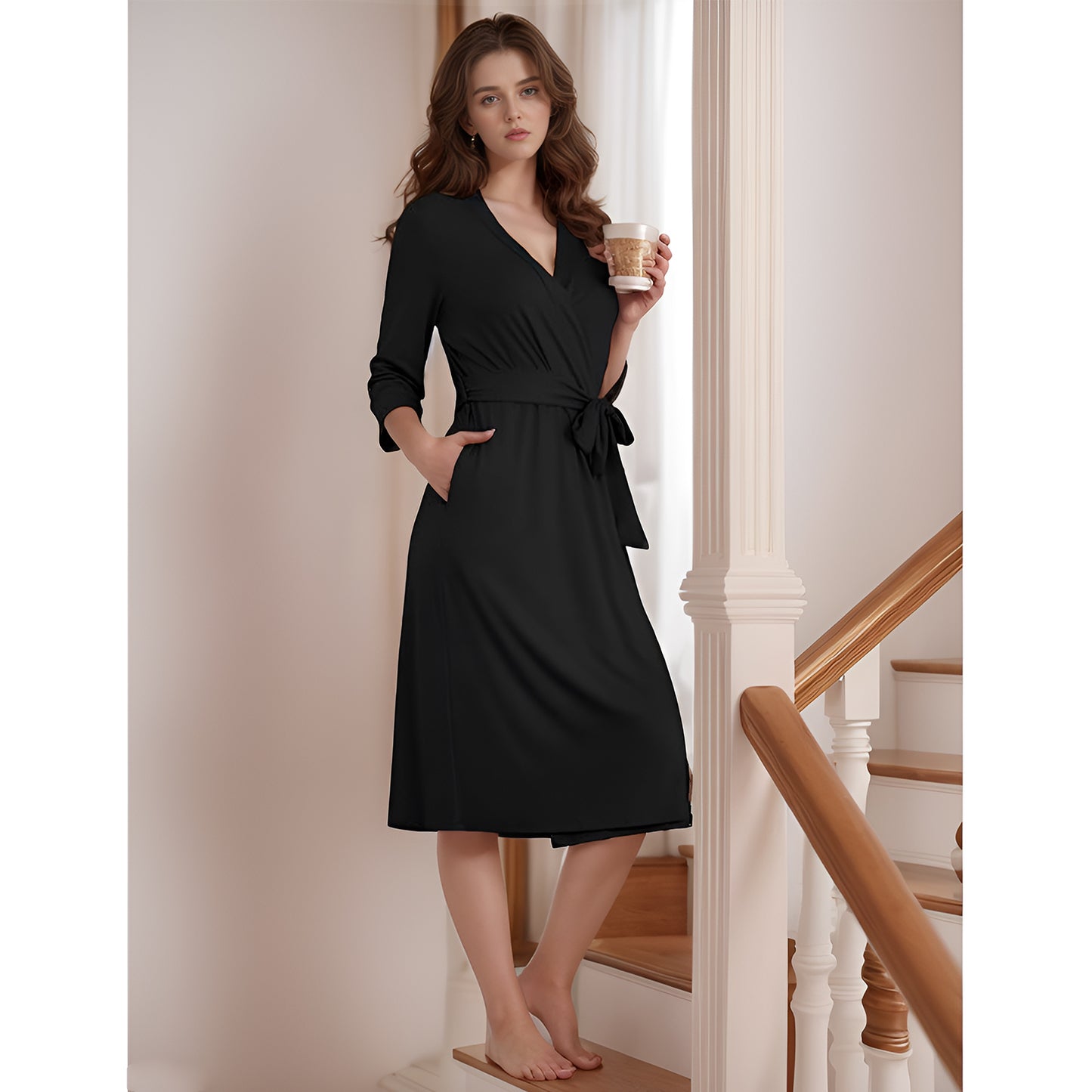MLDRA Womens Long Bathrobe Kimono Robe Pajamas Sleepwear 4/3 Sleeve V-Neck Soft Thin Loungewear