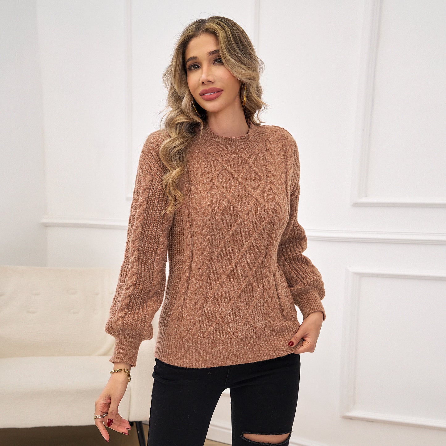 Womens Sweaters Cable Knit Long Lantern Sleeve Crewneck Vintage Pullover Tops Clothes