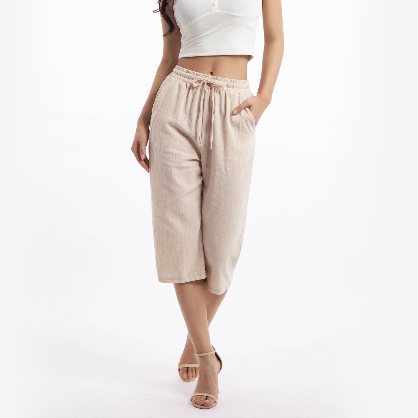 MLDRA Women’s Linen Capri Pants Cropped Wide Leg Palazzo Yoga Casual Pants Elastic Waist Loose Fit with Pockets Summer