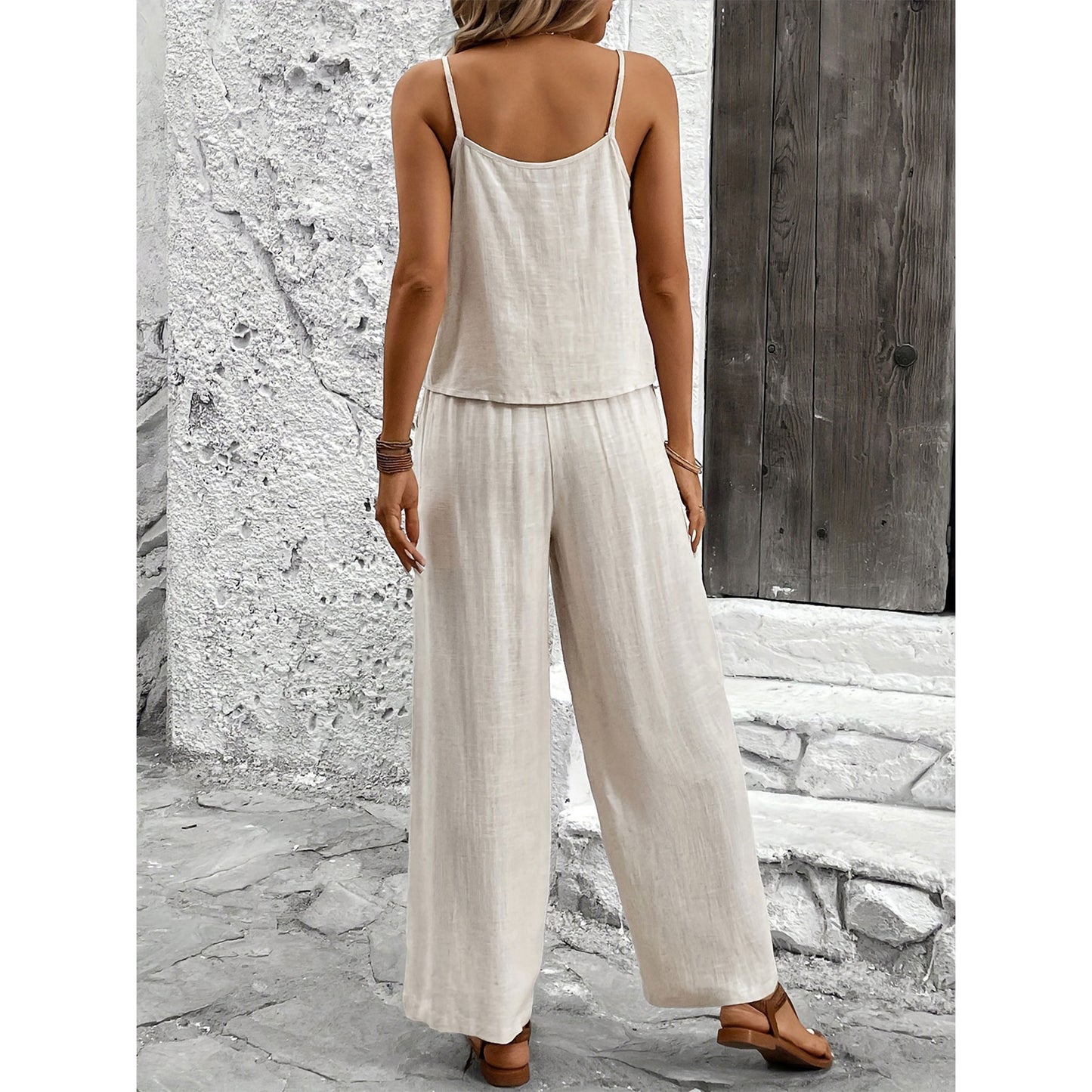 Women's Two-Piece Lounge Set Summer Travel Beach Vacation Suits Solid Sleeveless Cami Top High Waist Wide Leg Pants Casual Leisure Suit Outfit Beige