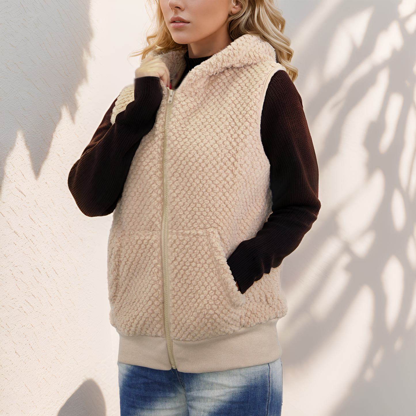 Womens Vest Sherpa Jacket Cardigan Fuzzy Fleece Cardigan Furry Sleeveless Top with Zipper Pockets Warm Cozy Gilet Outerwear