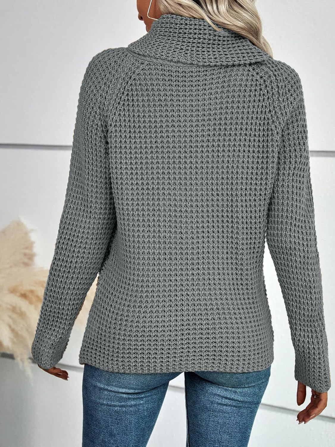 Womens Sweater Knit Waffle Slant Button Up Cowl Neck Irregular Hem Chunky Pullover Knitwear Tops