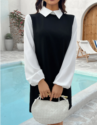 Women's Dresses Long Sleeve Lantern Sleeve 2-in-1 Dress Casual Spring Fall Outfit for Holidays Wedding Guests Business Everyday Wear (Black)