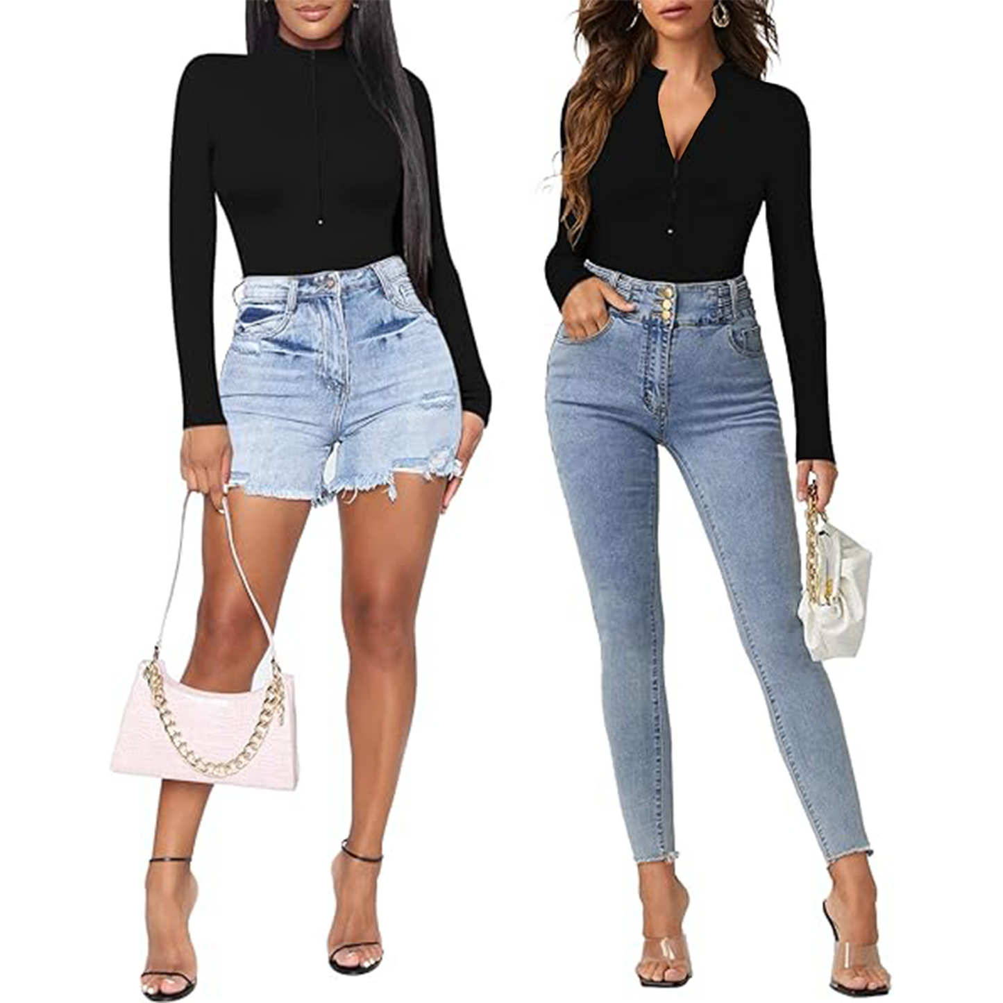Body Suit Tummy Control Bodysuit Deep V Neck Zip Up Long Sleeve Tops Black Bodysuits for Women Black