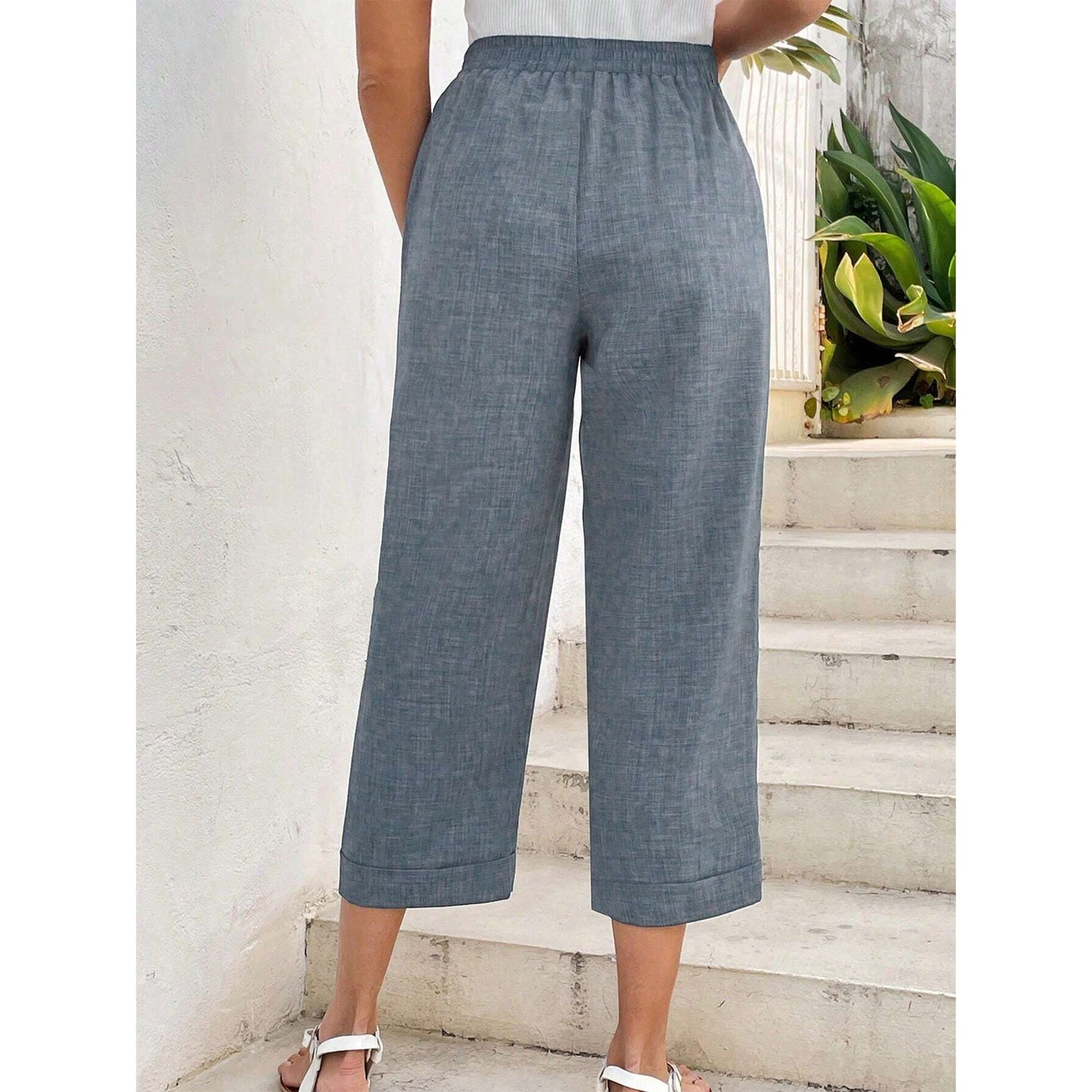 MLDRA Womens Capri Linen Cropped Pants Loose Fit Wide Leg Yoga Casual Elastic Waist Trousers with Pockets Blue
