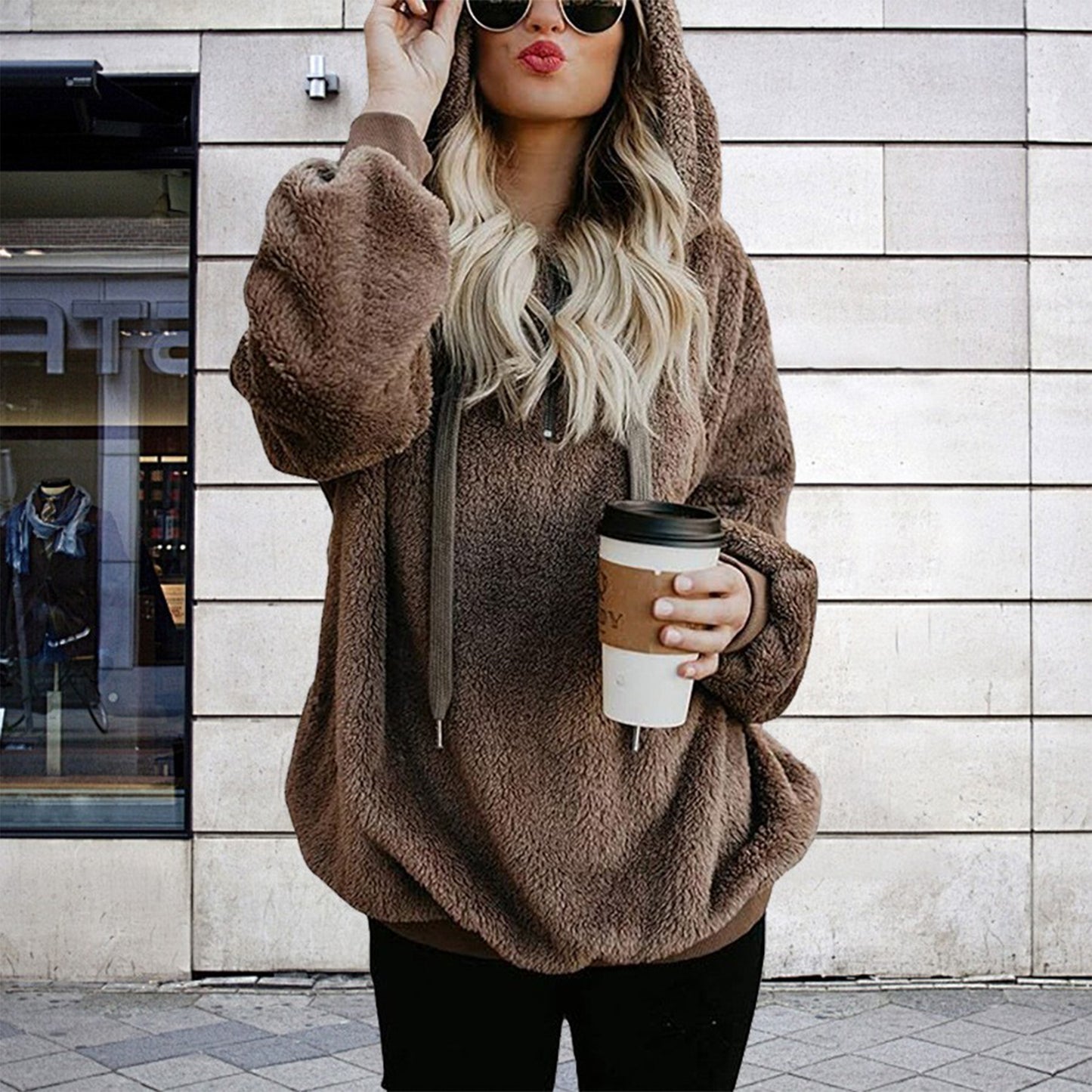 Womens Fleece Hoodie Sweatshirt Long Sleeve Solid Fall Pullover with Drawstring Pocket Faux Fur Zip Flannel Warm Casual Tops