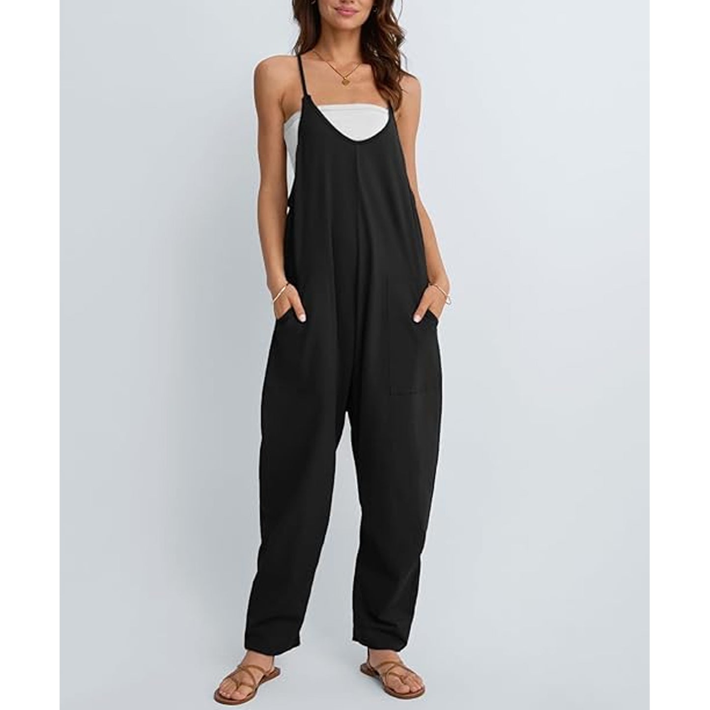 MLDRA Women’s Jumpsuits Spaghetti Strap Loose Fit Rompers with Pockets Sleeveless Overalls Onesie Jumpers for Vacation Beach Lounge Black Summer