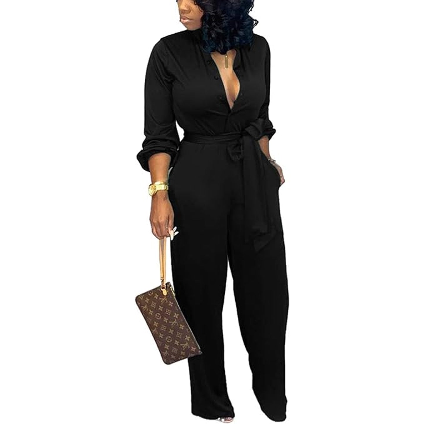 MLDRA Women's Formal Jumpsuits Elegant V Neck Long Sleeve One Piece Wide Leg Romper with Belt & Pockets for Work Office Party Black