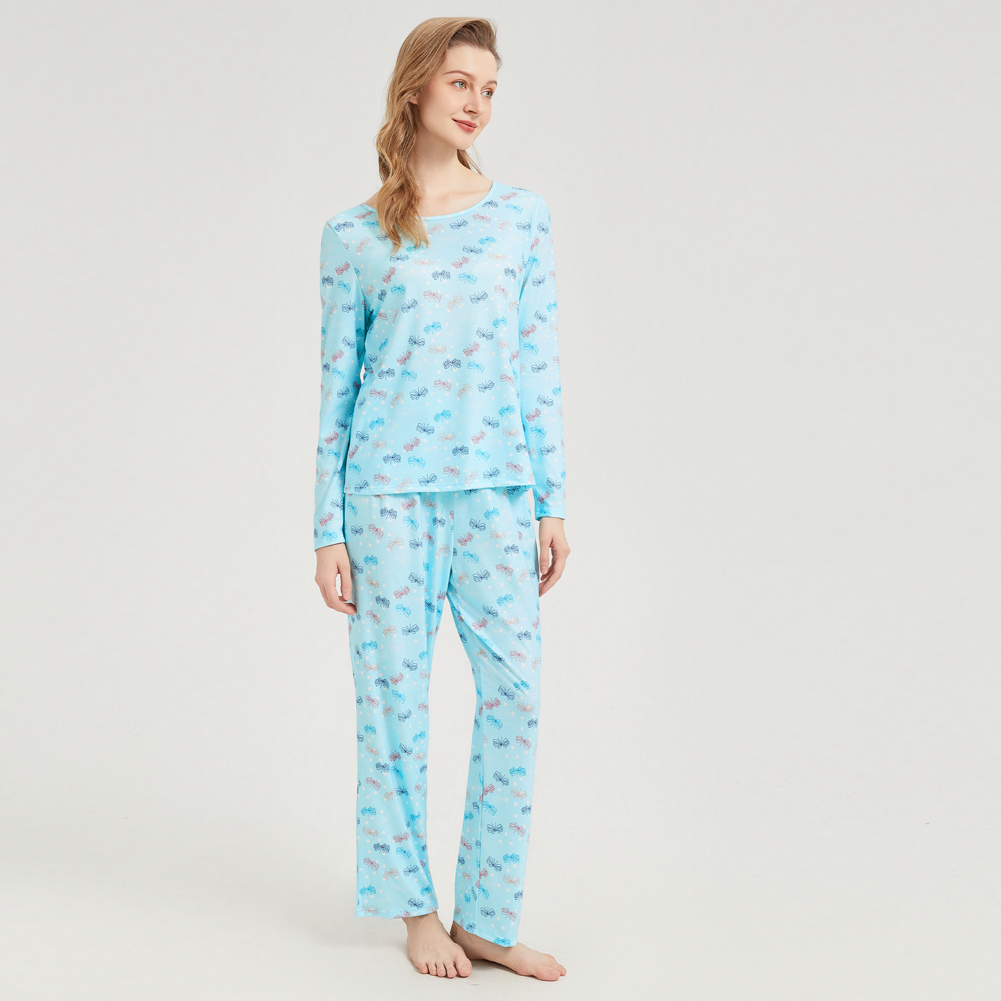 Womens Pajamas Set Long Sleeve Pjs Crew Neck Lounge Wear Fall Soft 2 Piece with Long Pants Sleepwear